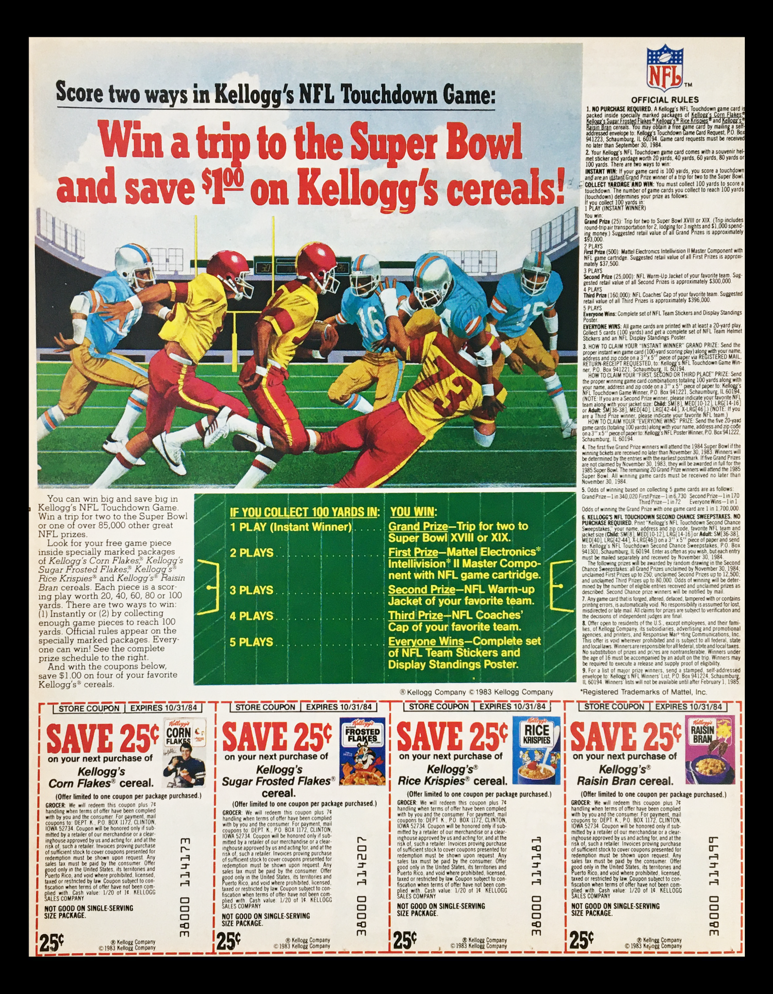 1983 Kellogg's Cereal NFL Super Bowl Trip Circular Coupon Advertisement