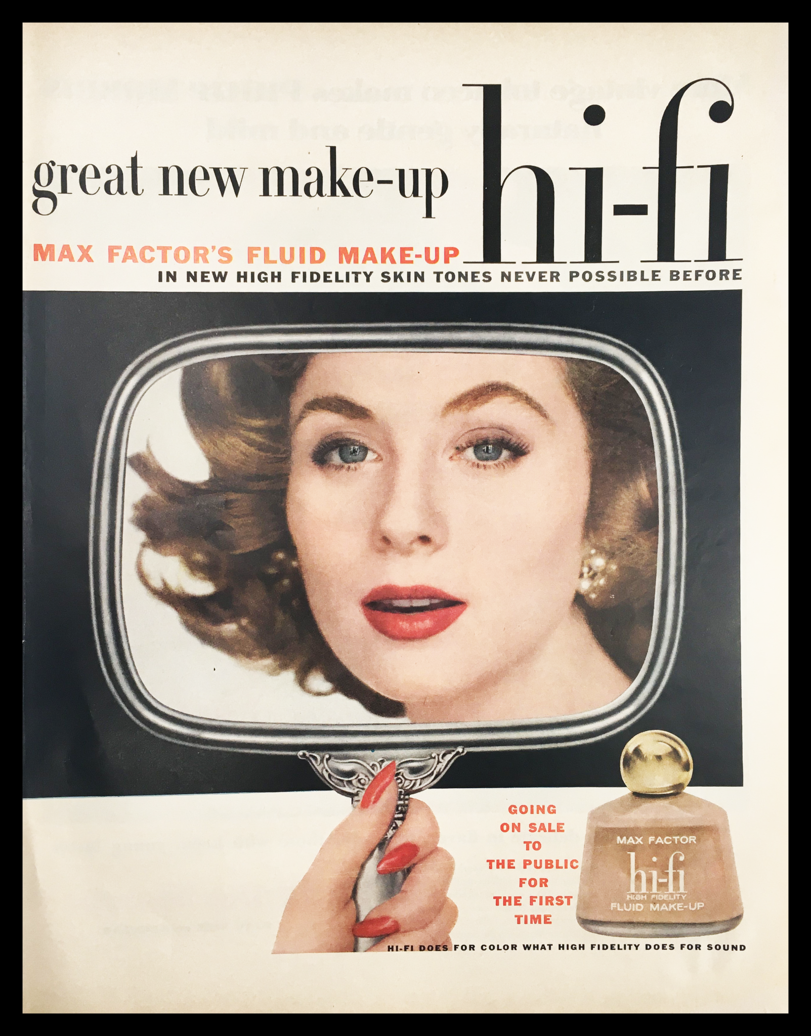 1955 Max Factor Hi-Fi Fluid Make-Up Vintage Print Ad