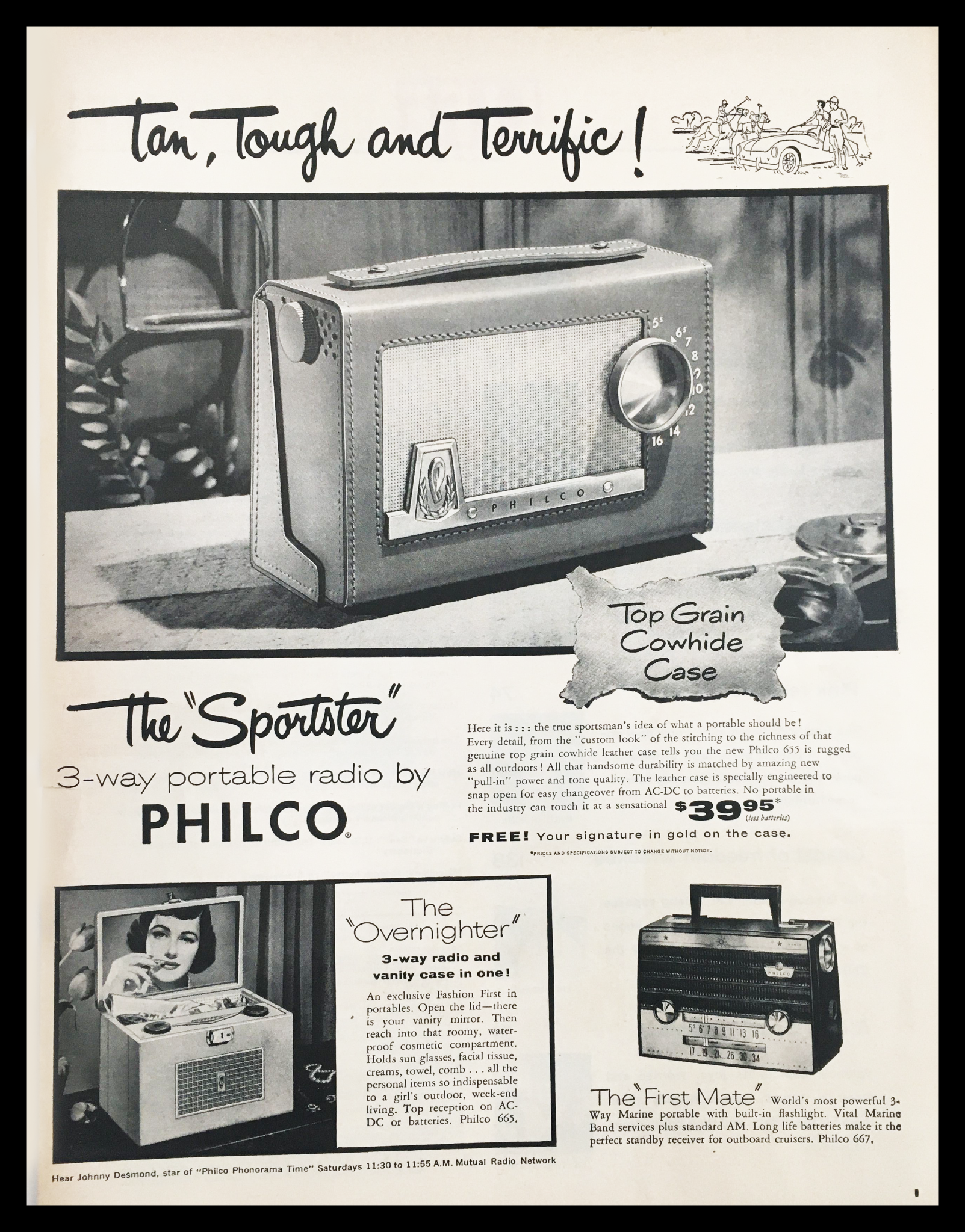 1955 Sportster 3-Way Portable Radio by Philco Vintage Print Ad