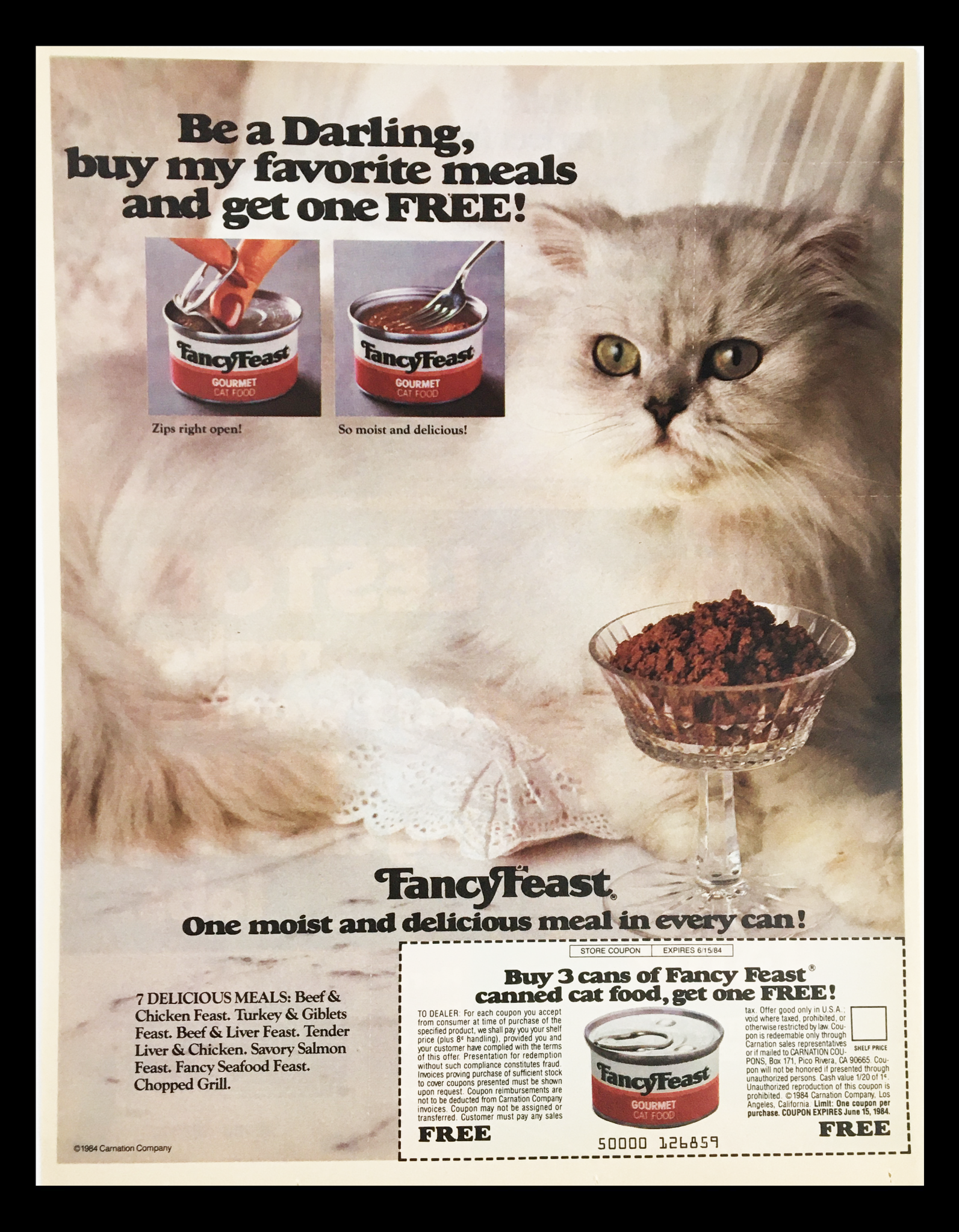1984 Fancy Feast Canned Cat Food Circular Coupon Advertisement featuring a fluffy cat, a can of Fancy Feast cat food, and a dessert bowl with cat food, promoting a buy 3, get 1 free offer.