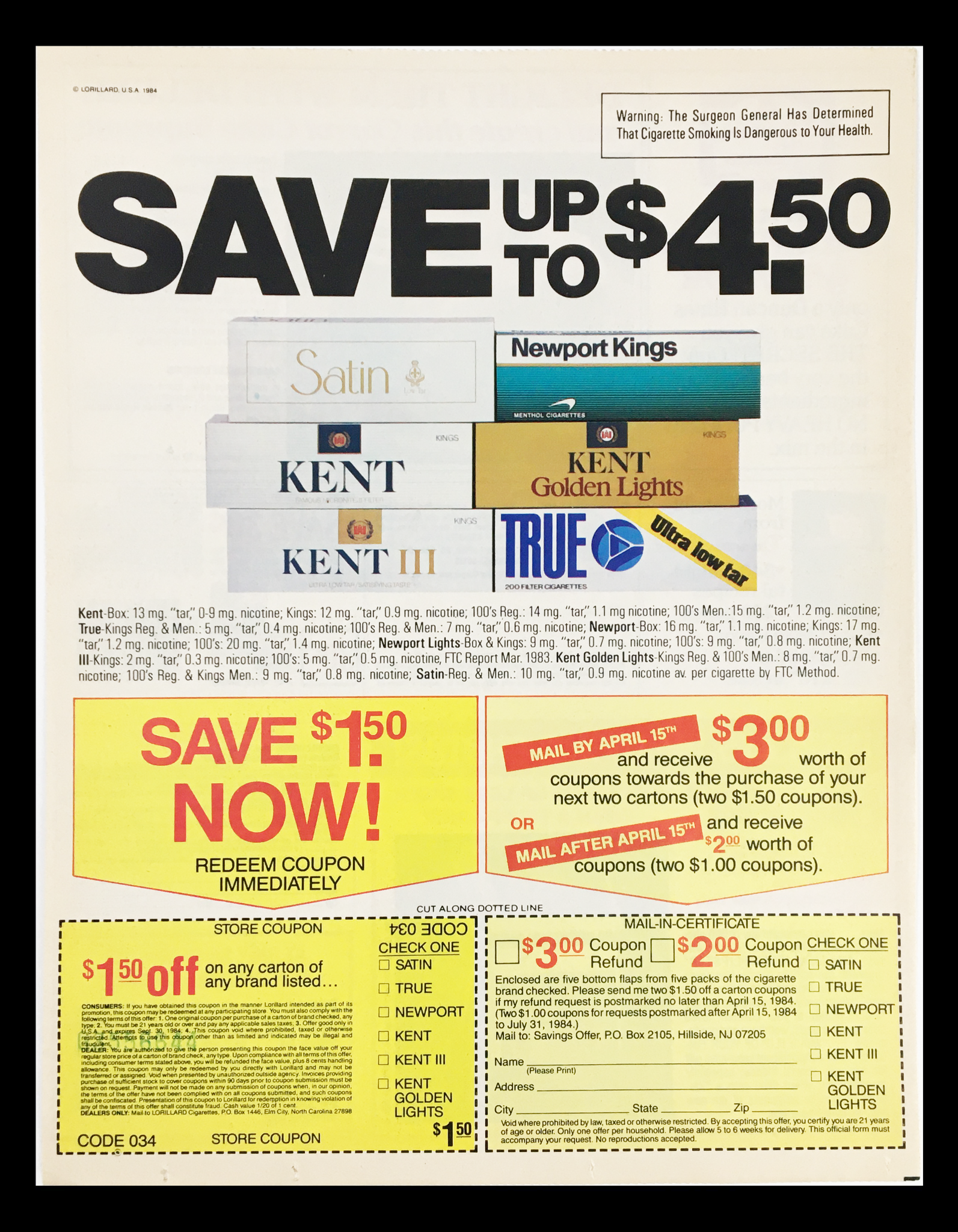 1984 Satin and Kent Filter Menthols Circular  Advertisement