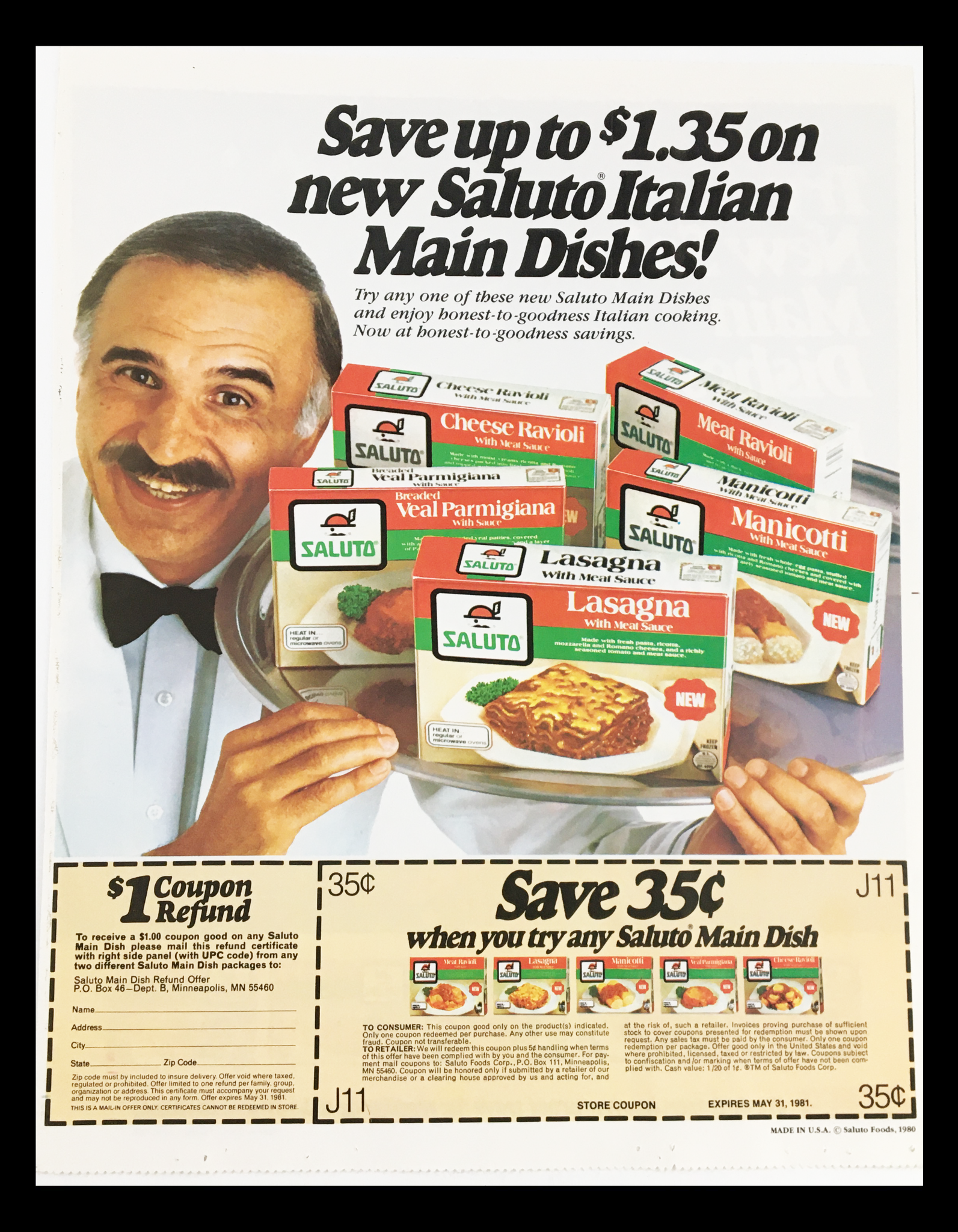 1981 Saluto Italian Main Dishes Circular Coupon Advertisement