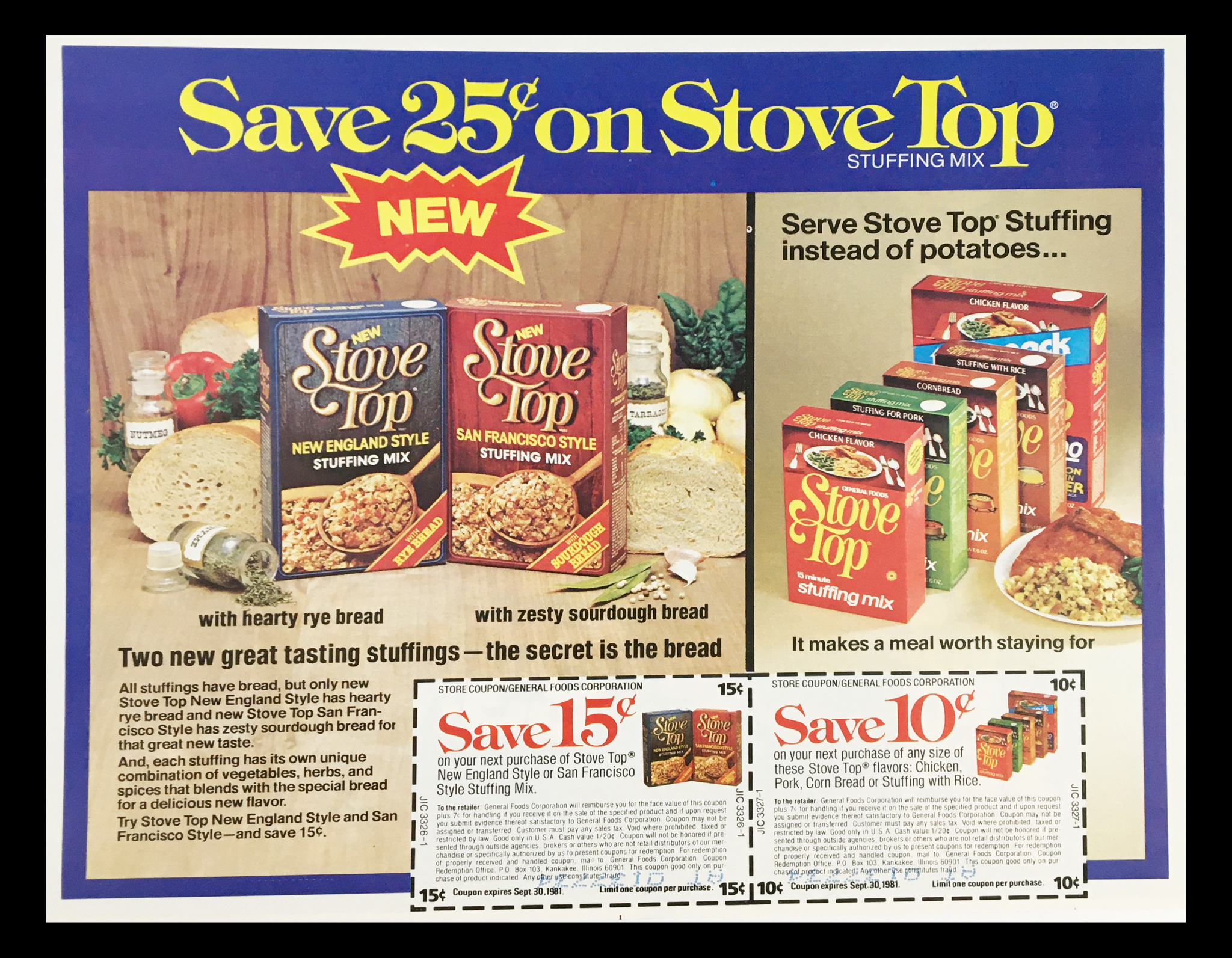 1981 Stove Top New England Style Stuffing Mix Circular Coupon Advertisement