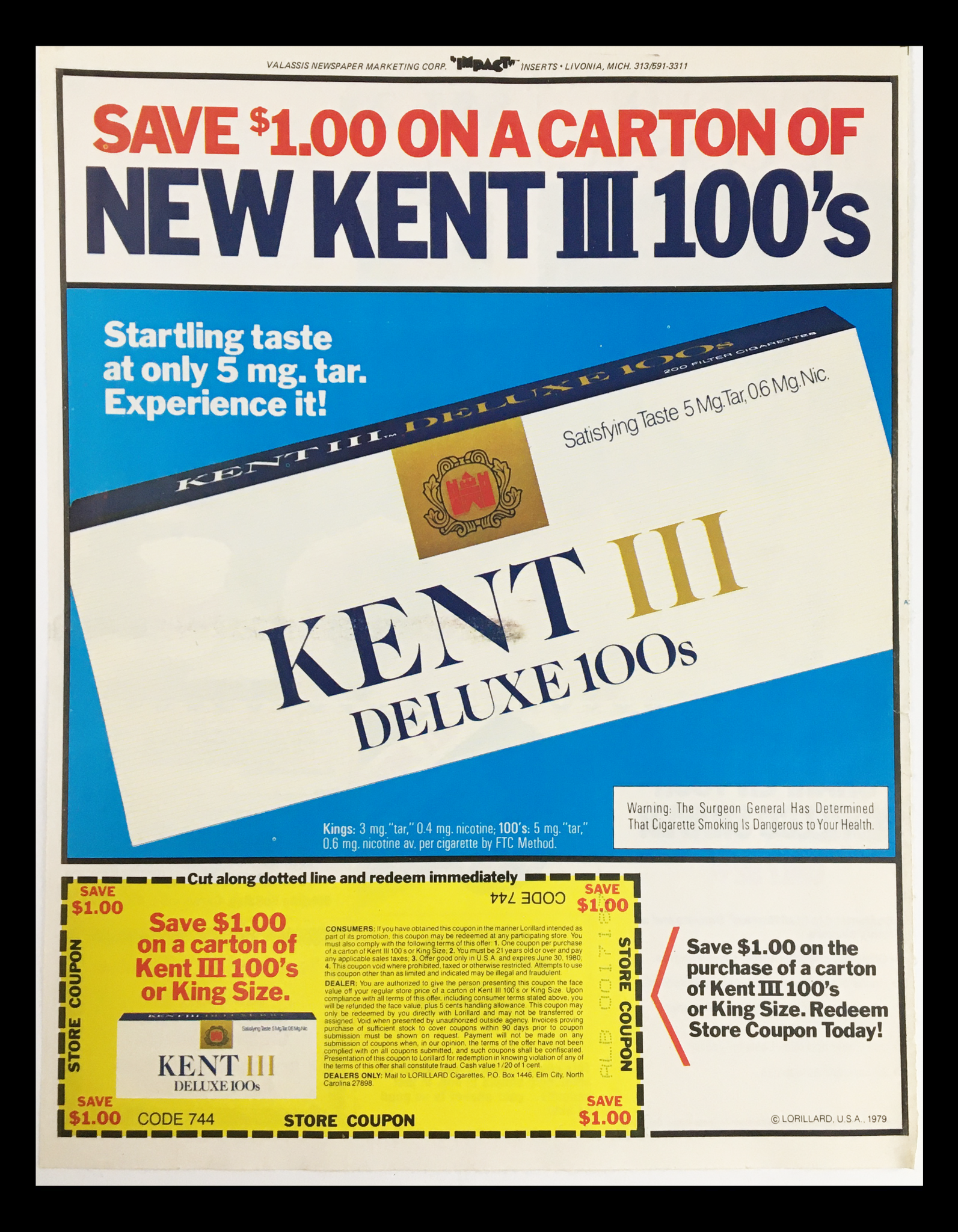 1979 Kent III Deluxe 100s  Circular Advertisement