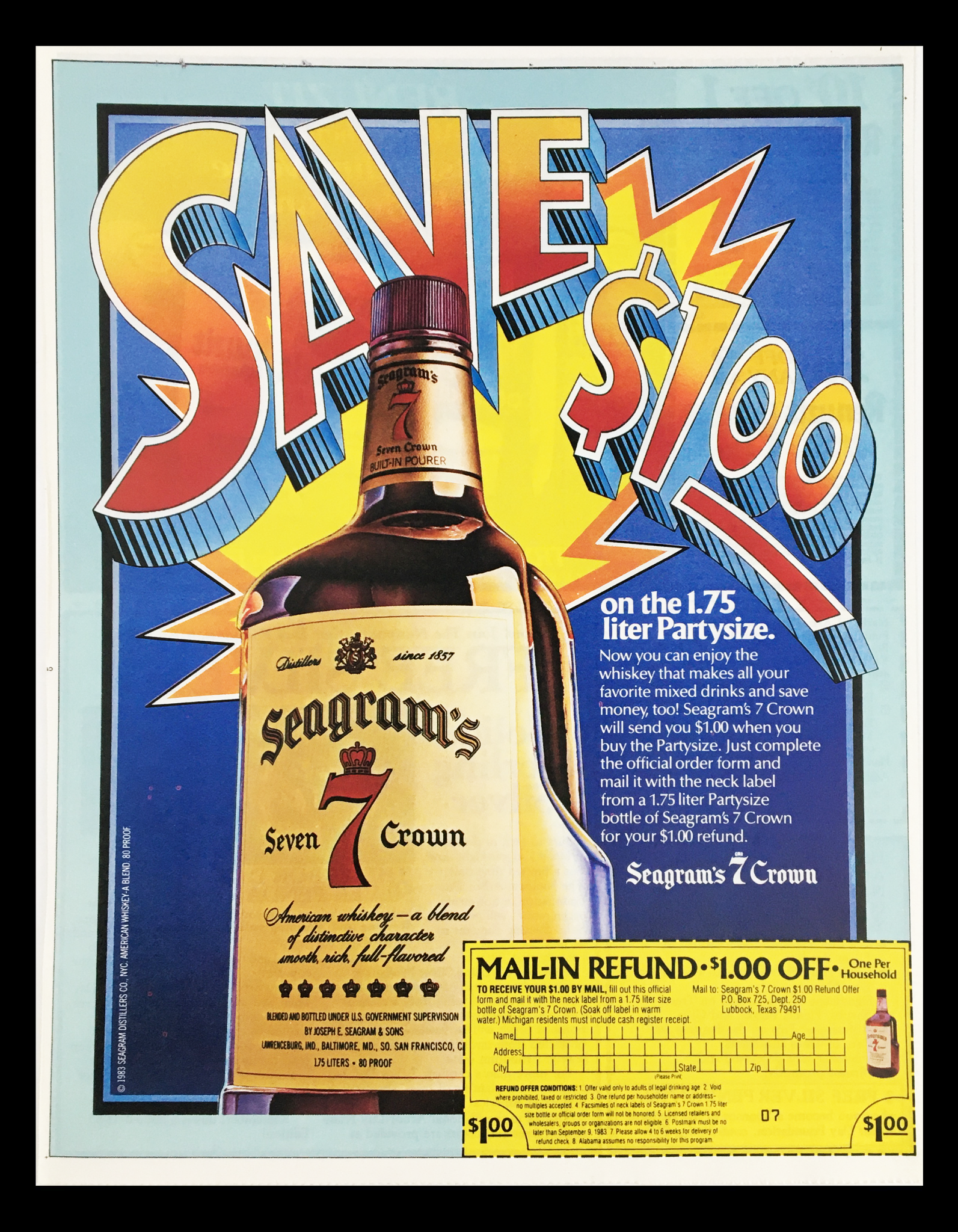 1983 Seagram's Seven Crown American Whiskey Circular Coupon Advertisement