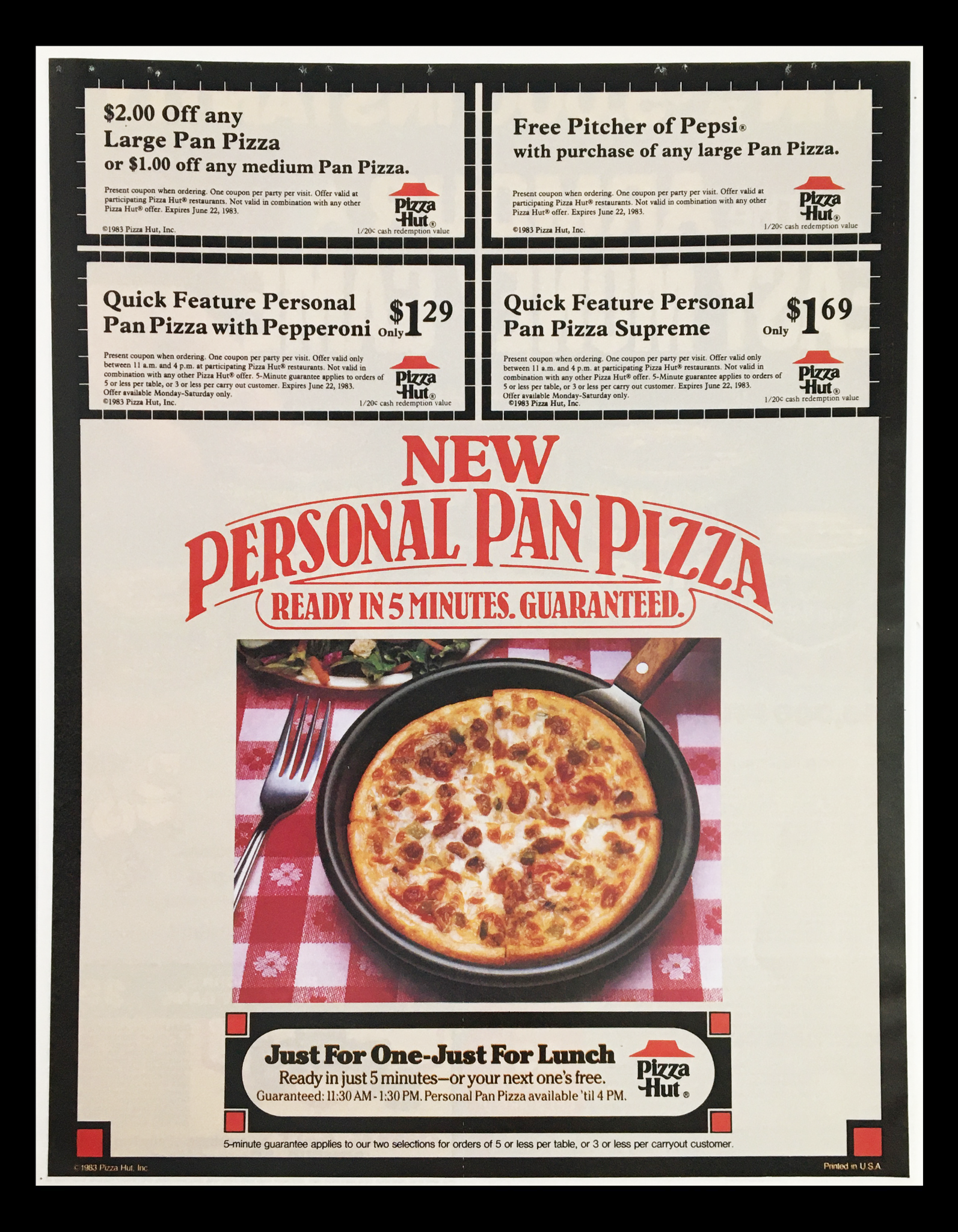 1983 Pizza Hut Personal Pan Pizza Circular Coupon Advertisement