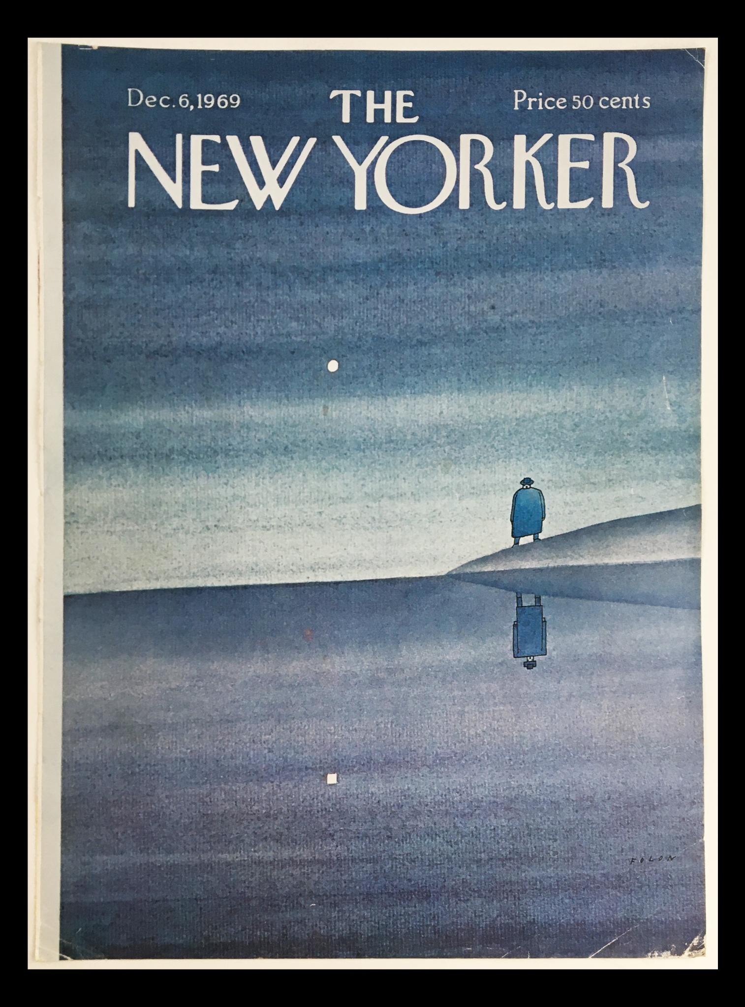Cover image of The New Yorker from December 6, 1969, featuring artwork by Jean-Michel Folon. The cover shows a solitary figure in a blue coat standing by a tranquil, reflective body of water against a gradient sky.