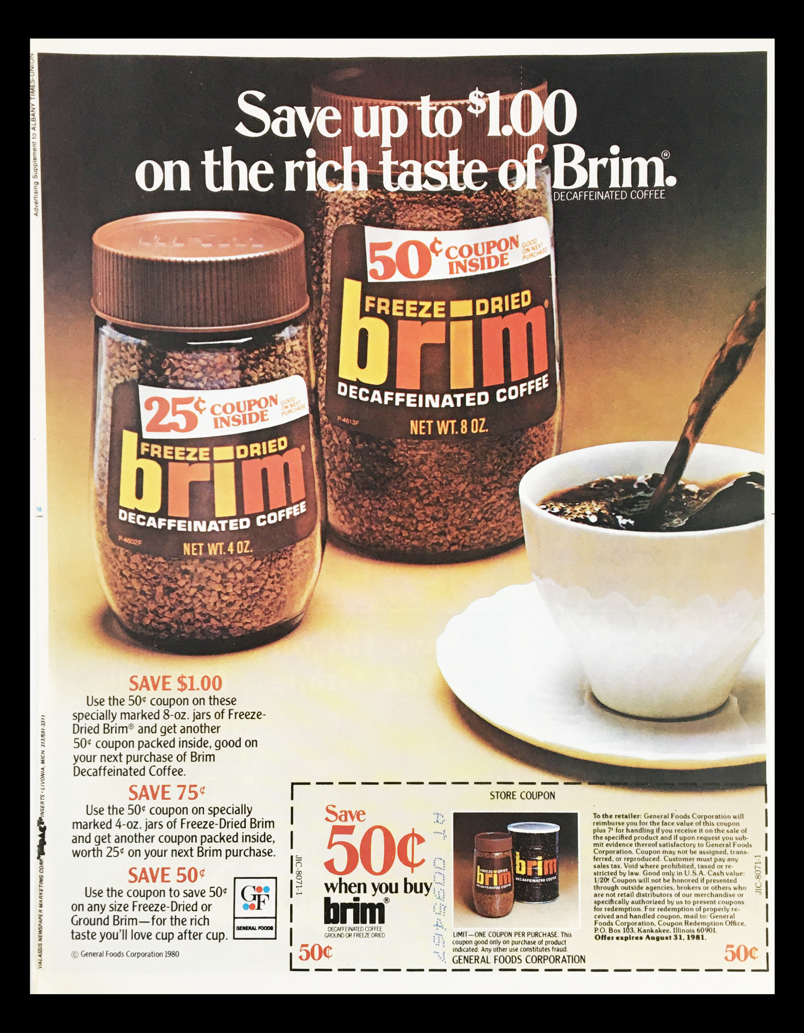 1981 Brim Decaffeinated Coffee Circular Coupon Advertisement