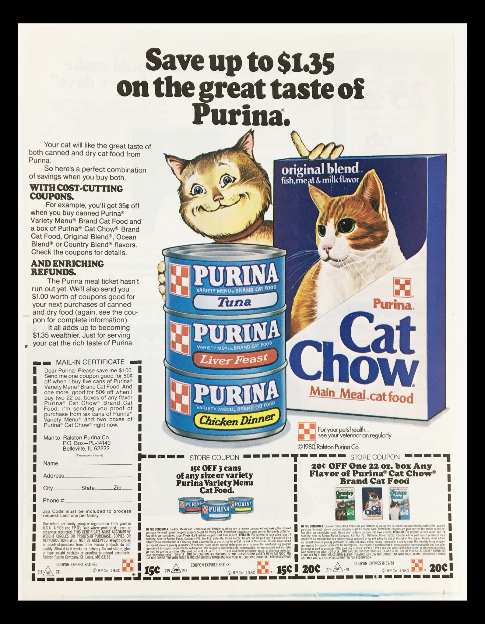 1980 Purina Brand Cat Food Tuna Circular Coupon Advertisement