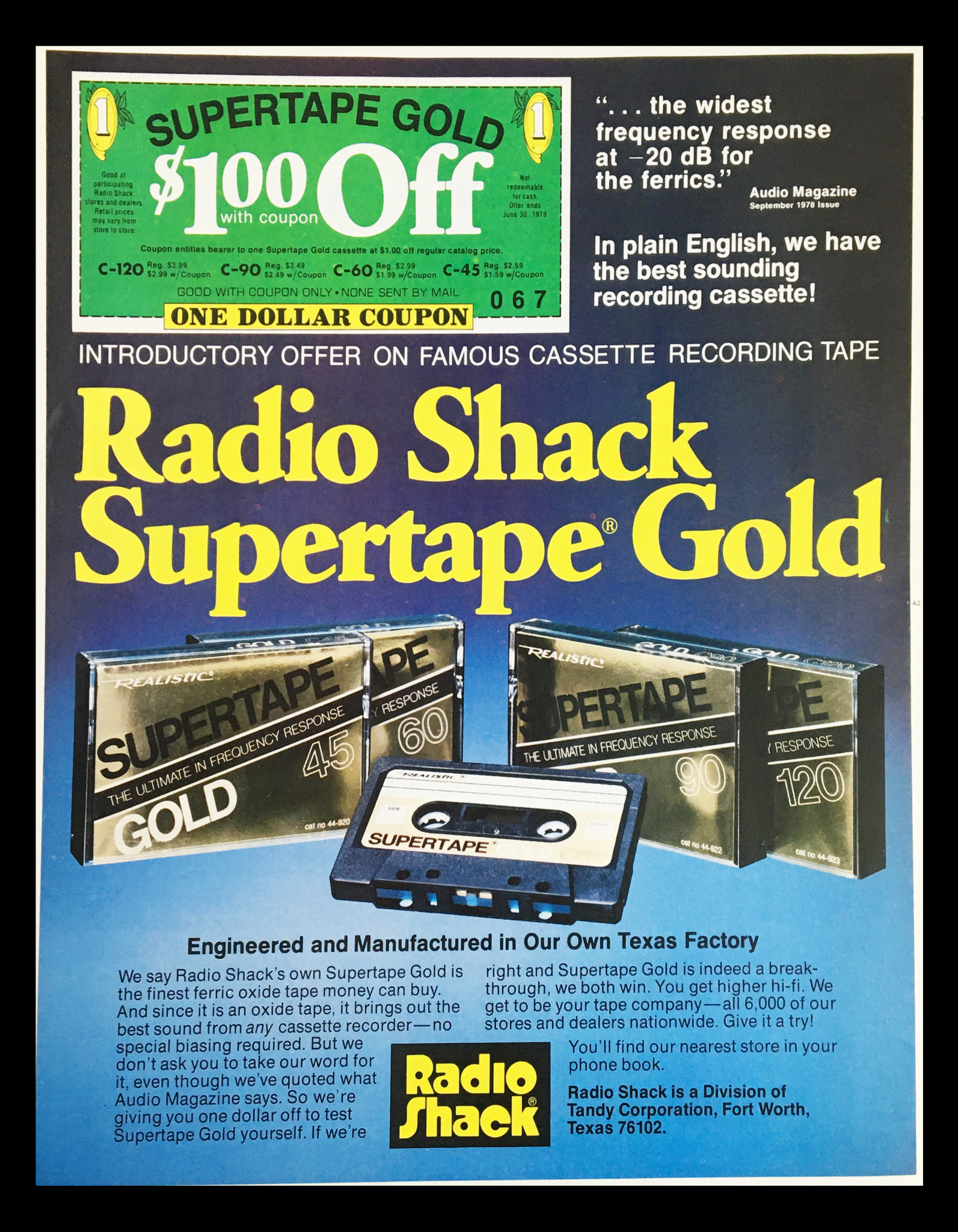 1978 Radio Shack Supertape Gold Circular Coupon Advertisement