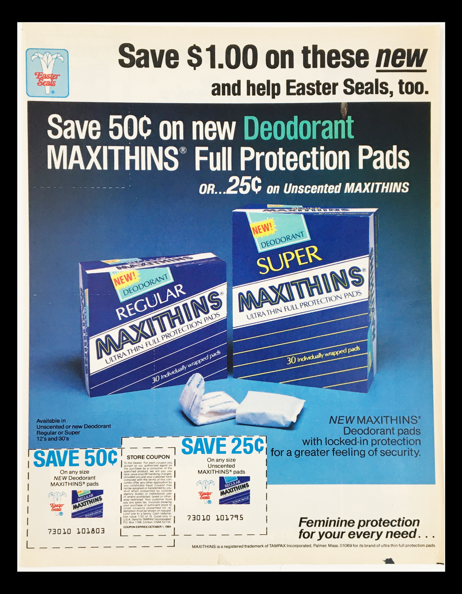 1984 Deodorant Regular Maxithins Protection Pads Circular Coupon Advertisement