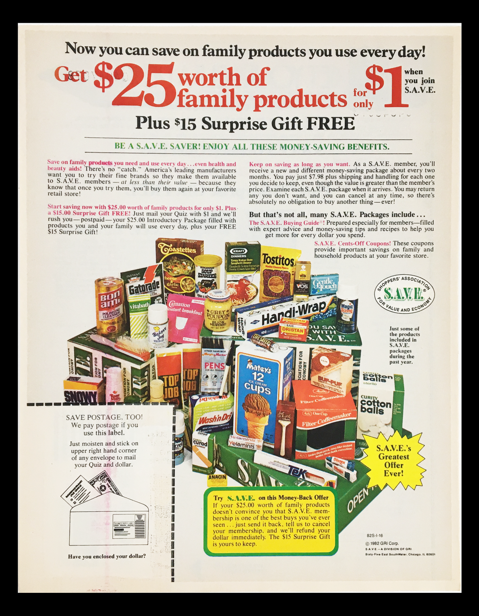 1982 Money-Saving Family Products Circular Coupon Advertisement