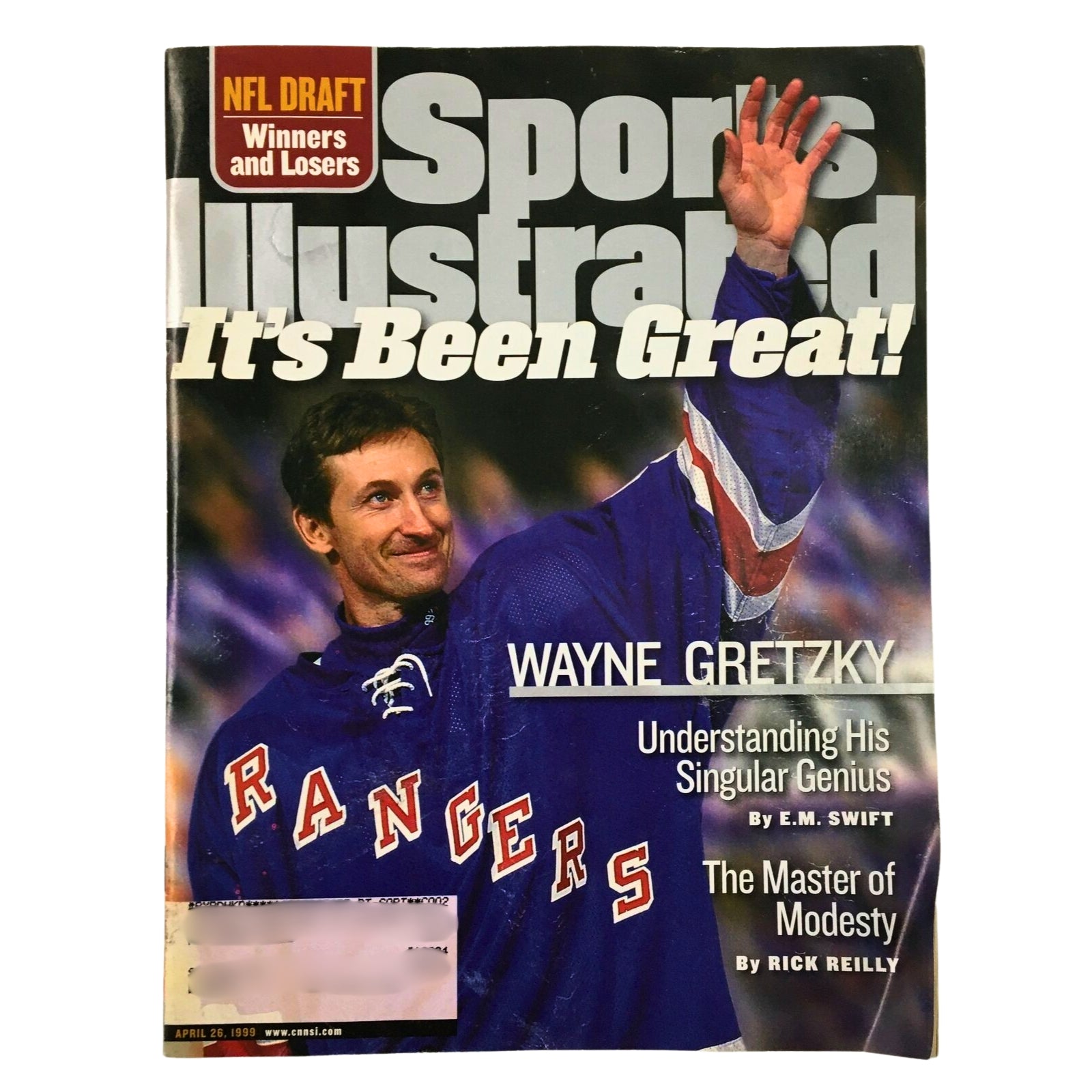 Cover of Sports Illustrated magazine with Wayne Gretzky titled 'Wayne Gretzky: Understanding His Singular Genius,' from April 26, 1999.