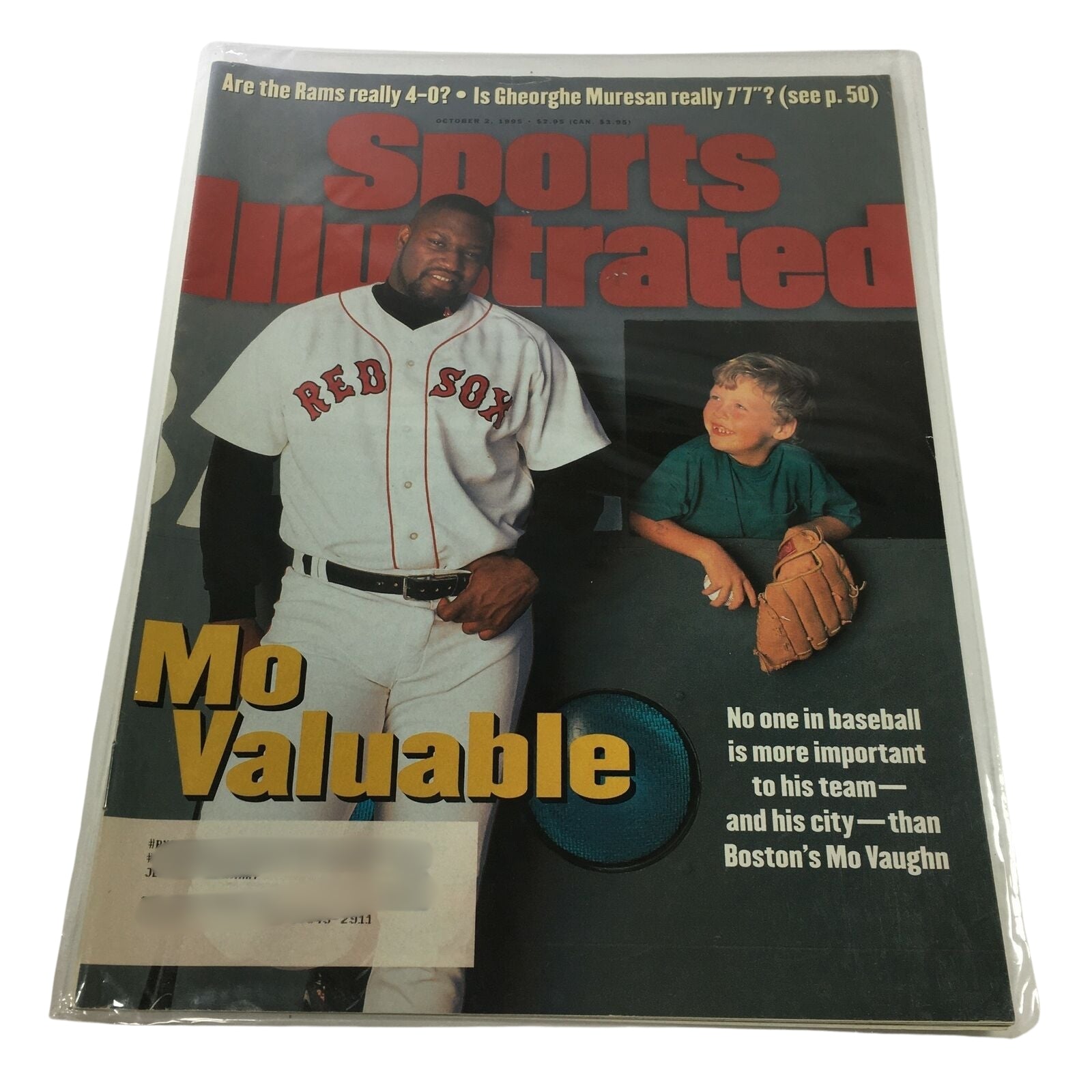 Lot of 6 1980s-1990s Baseball Sports Illustrated Magazine Yogi Berra, featuring Mo Vaughn on the cover from October 2, 1995, highlighting his impact on Boston's team.