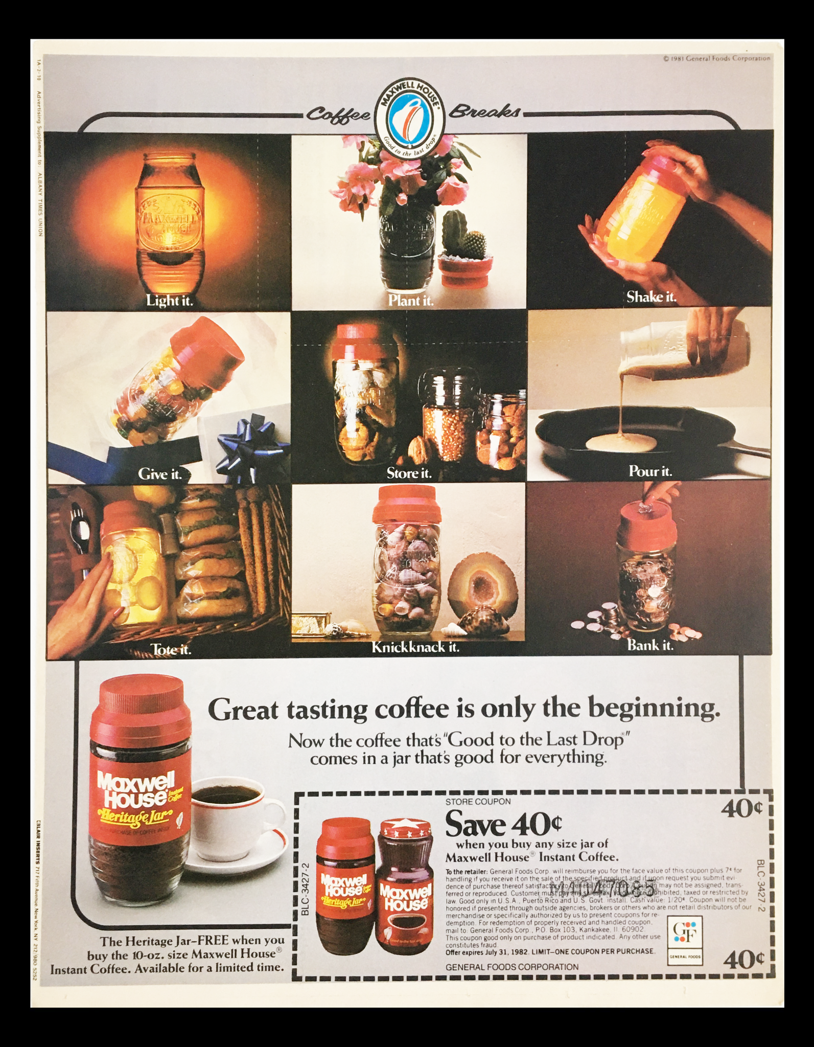 1982 Maxwell House Heritage Jar Coffee Circular Coupon Advertisement