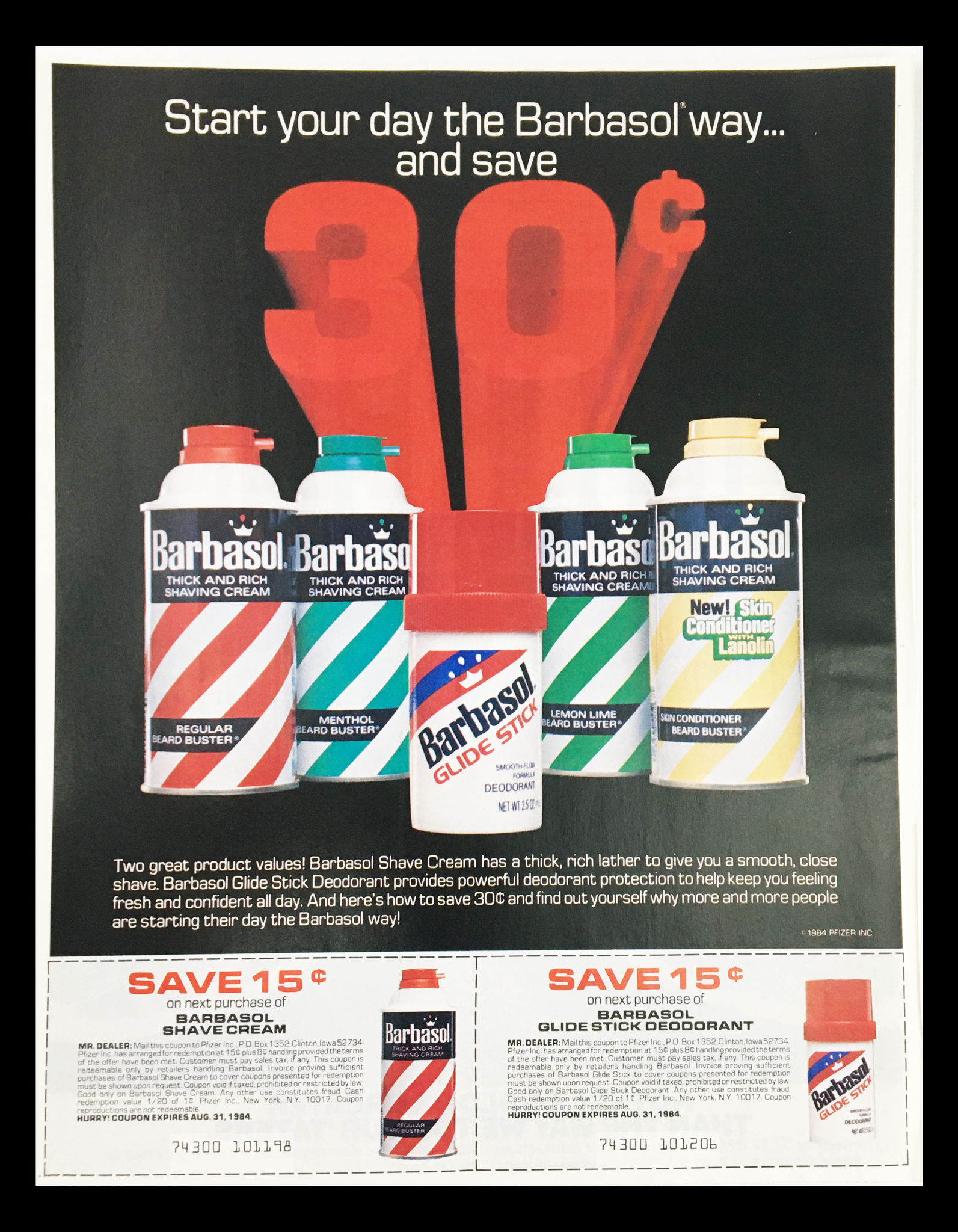 1984 Barbasol Shave Cream & Glide Stick Deodorant Circular Coupon Advertisement