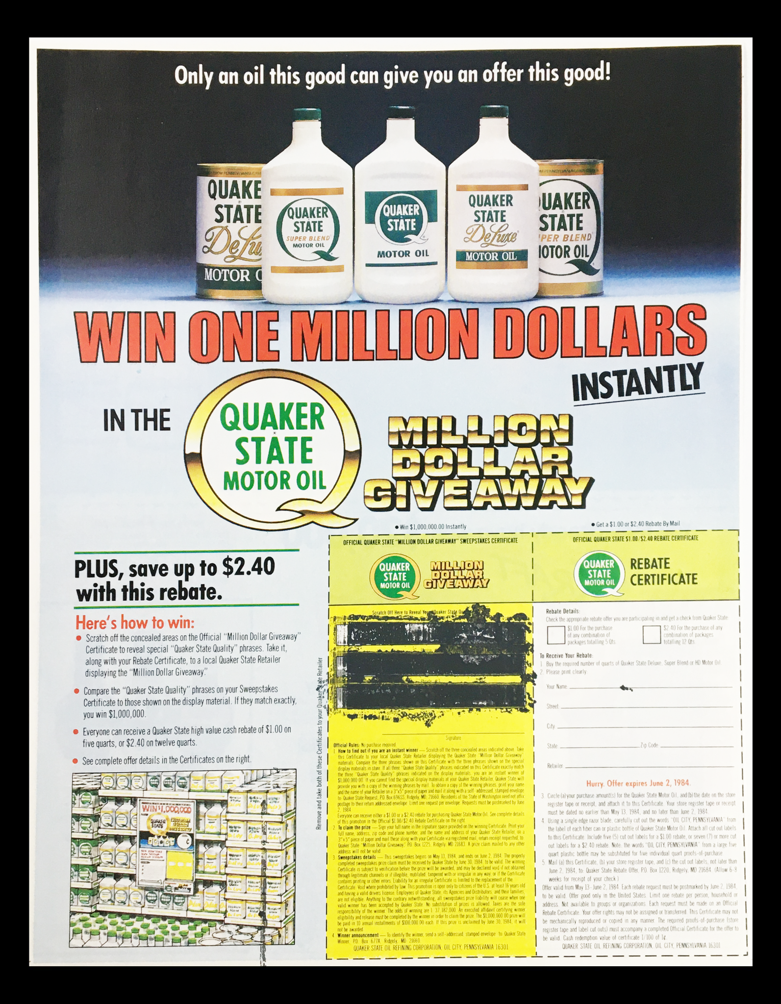 1984 Quaker State Motor Oil Giveaway Circular Coupon Advertisement