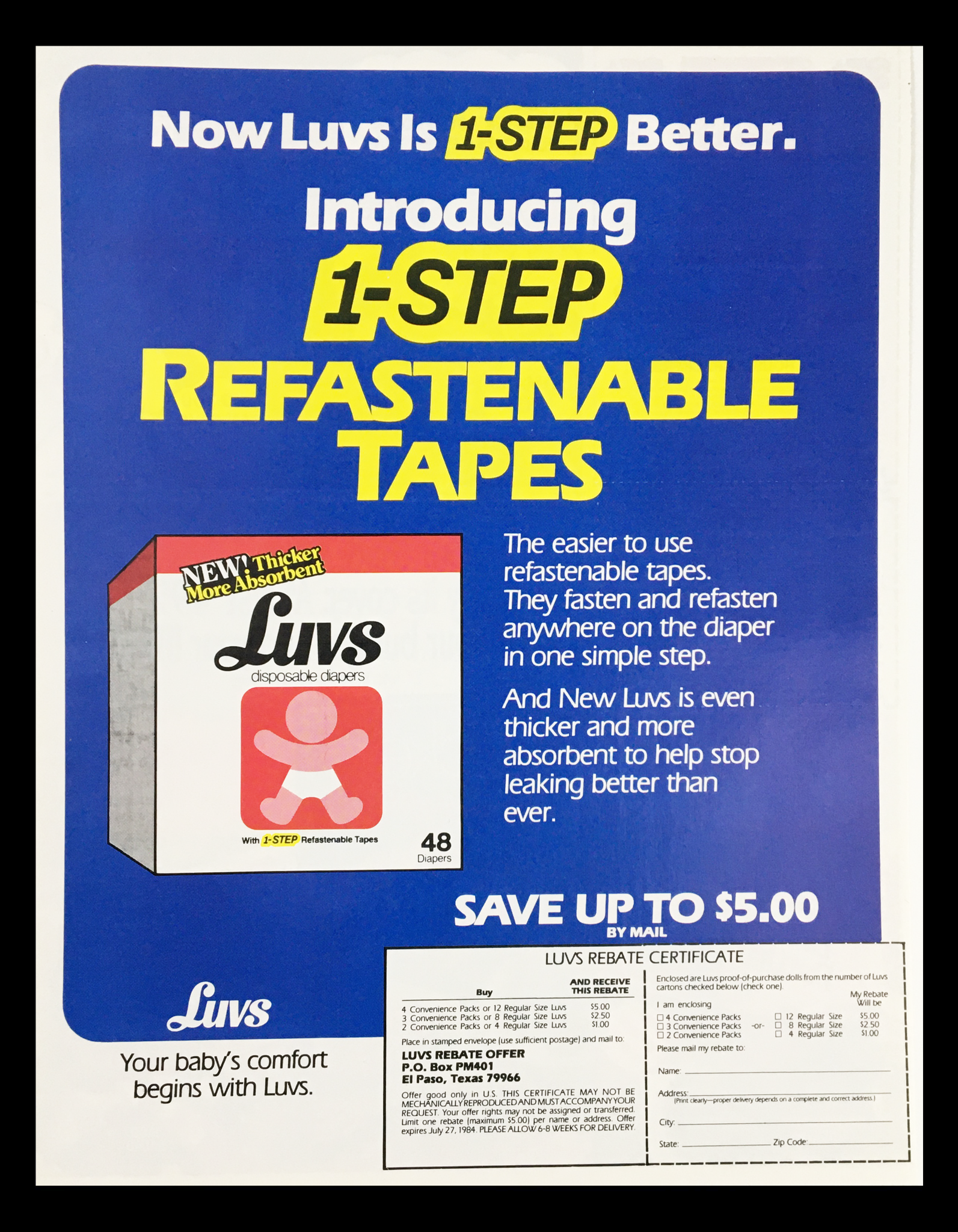 1984 Luvs Disposable Diapers Refastanable Tapes Circular Coupon Advertisement