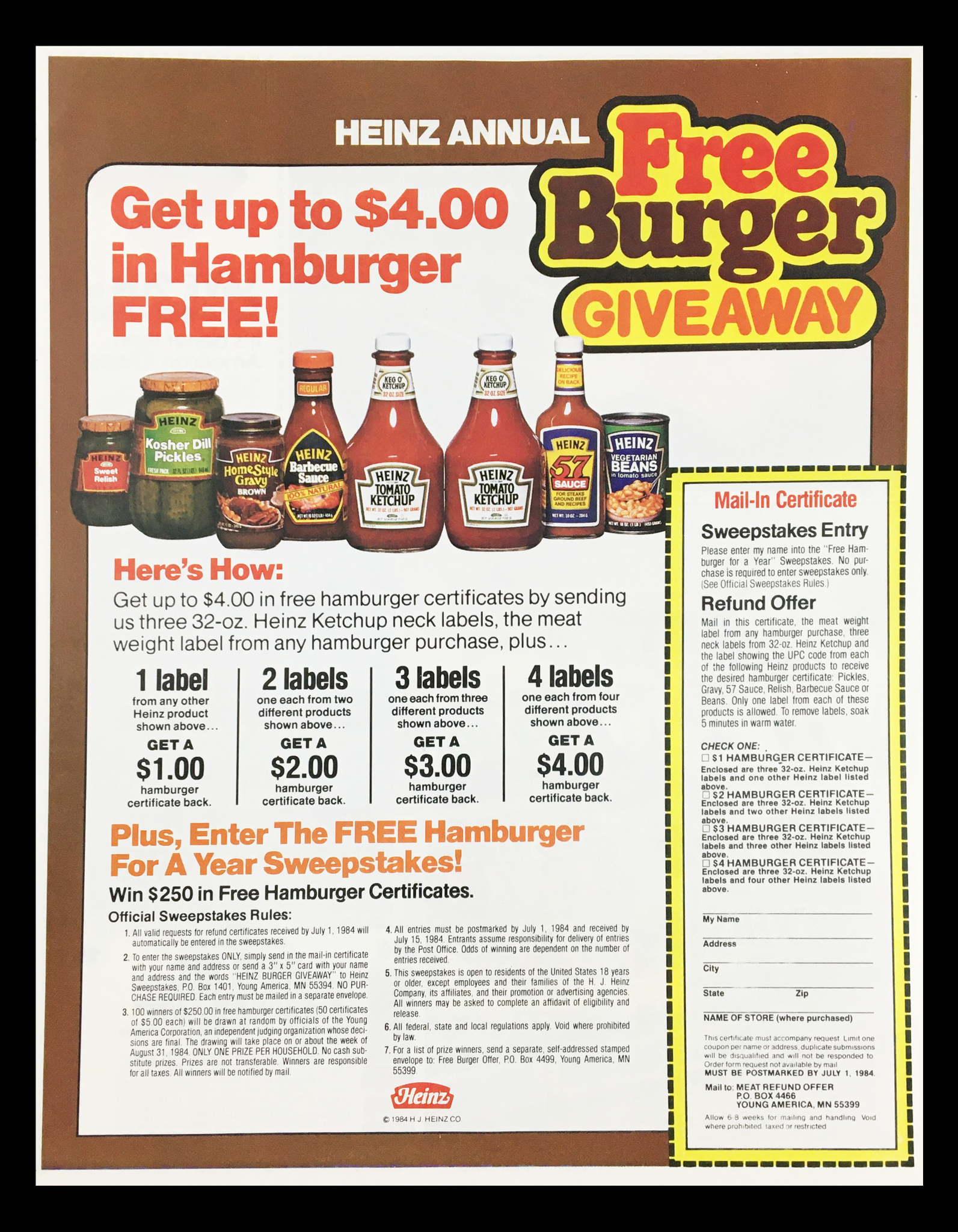 1984 Heinz Ketchup Annual Burger Giveaway Circular Coupon Advertisement