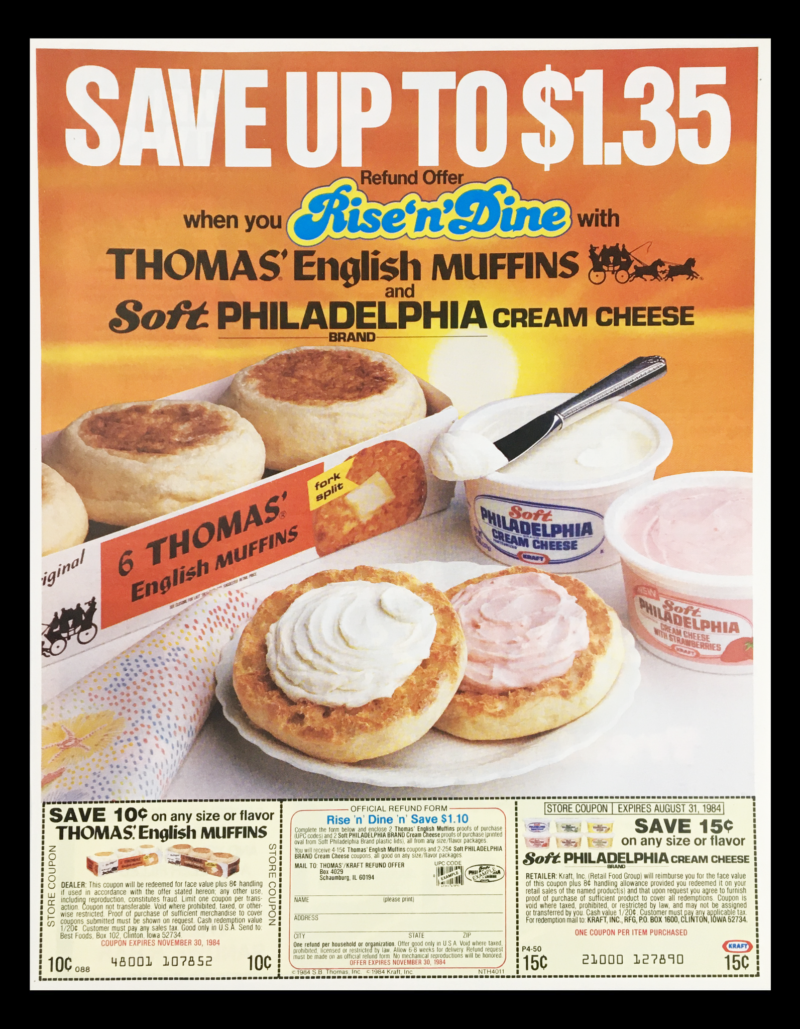 1984 Thomas' English Muffins Rise n' Dine Circular Coupon Advertisement