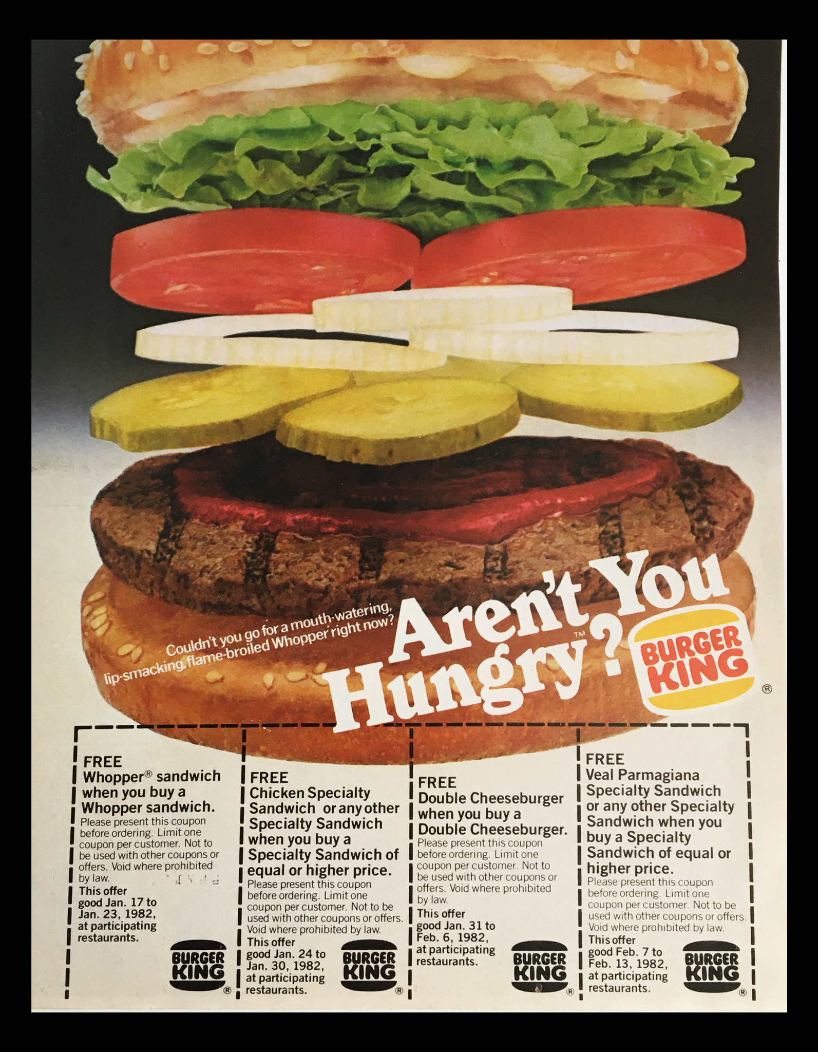 1982 Burger King Flame-Broiled Whopper Circular Coupon Advertisement