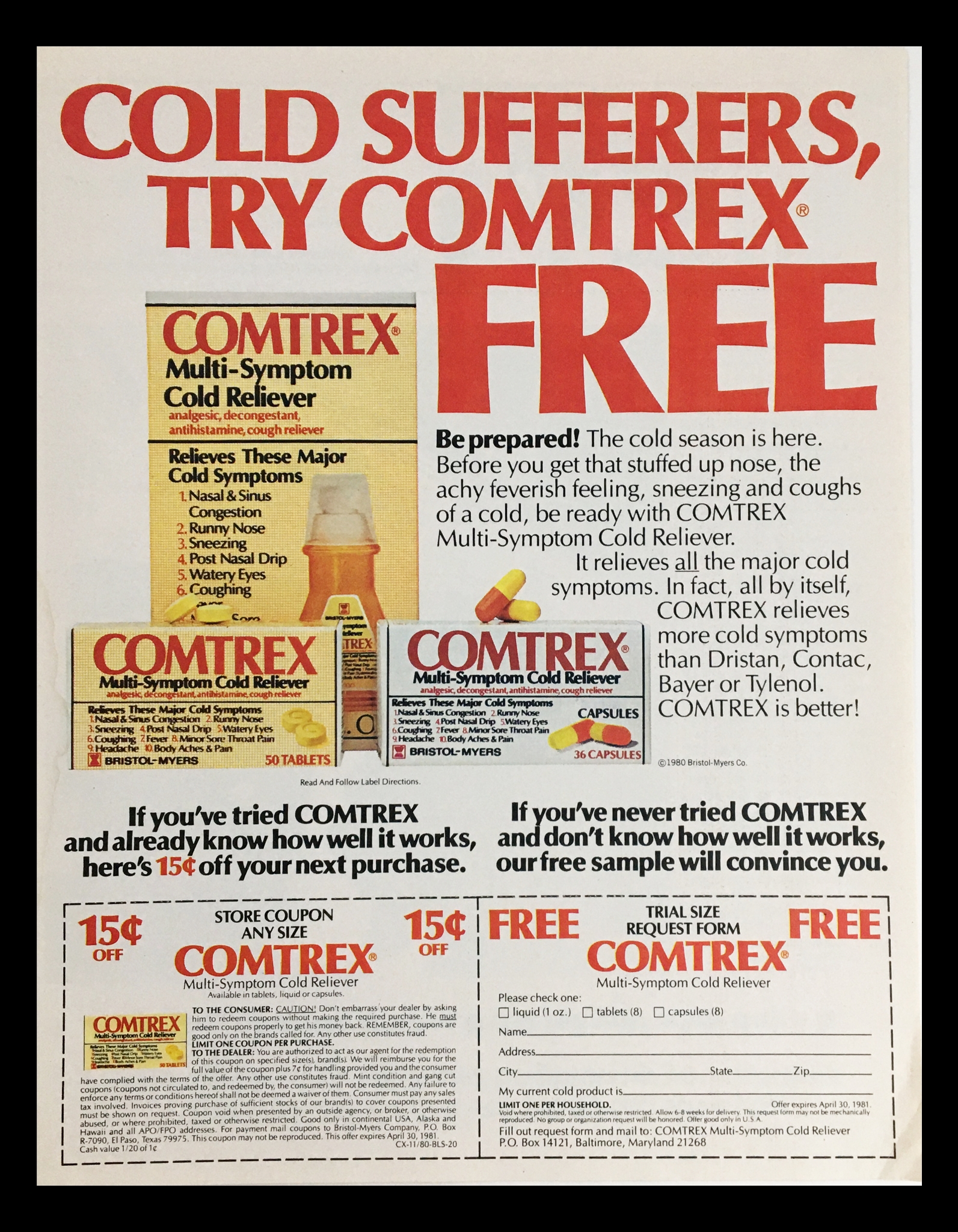 1980 Comtrex Multi-Symptom Cold Reliever Circular Coupon Advertisement