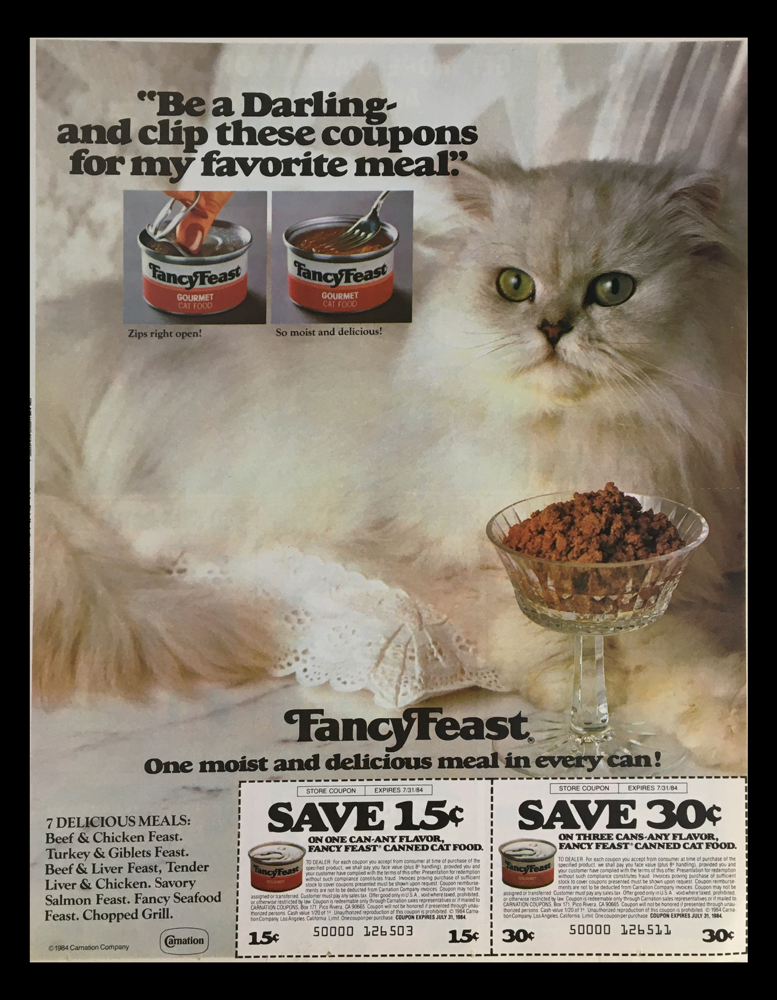 1984 Carnation Fancy Feast Cat Food Circular Coupon Advertisement