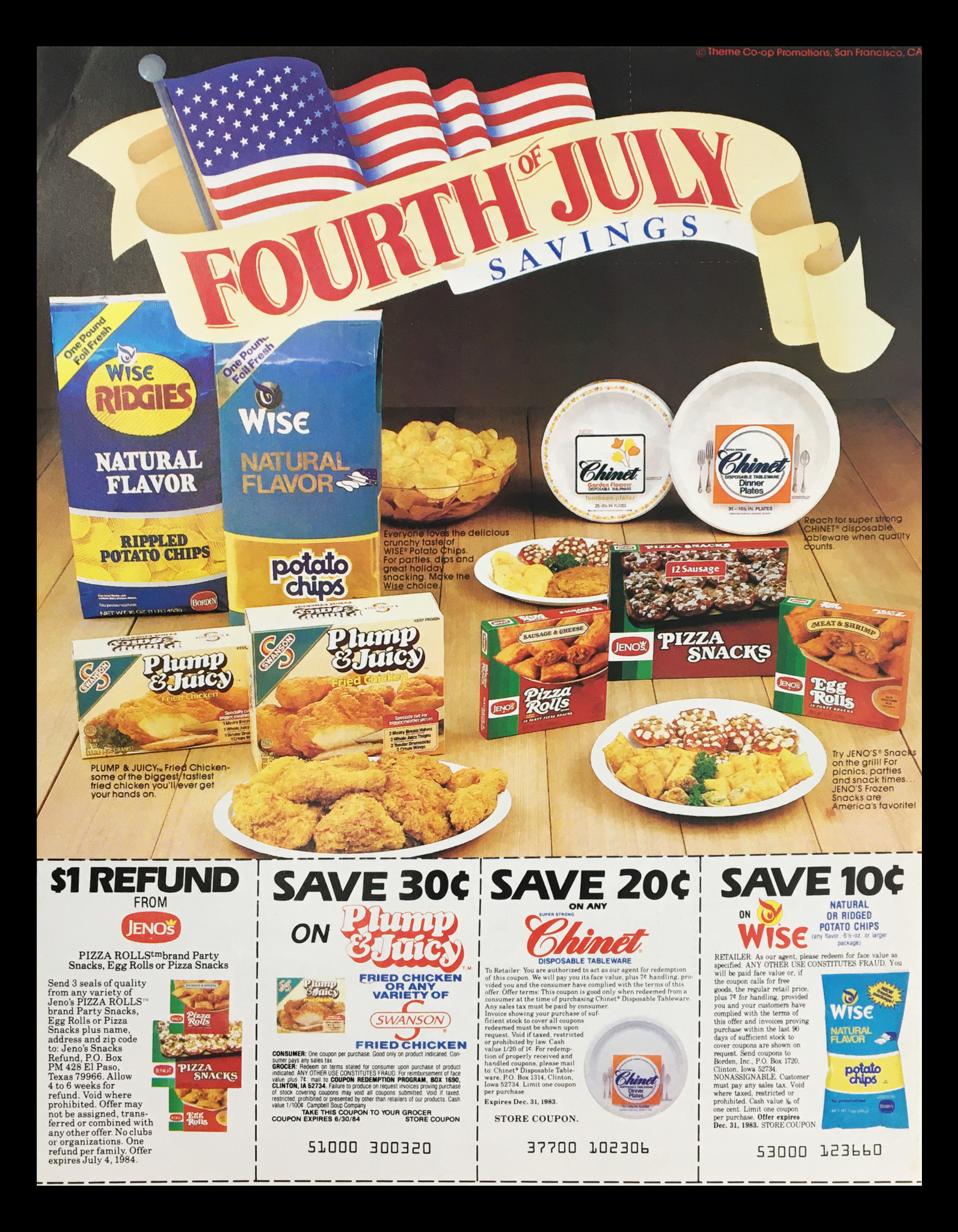 1984 Jeno's Frozen Snacks on the Grill 4th of July Circular Coupon Advertisement