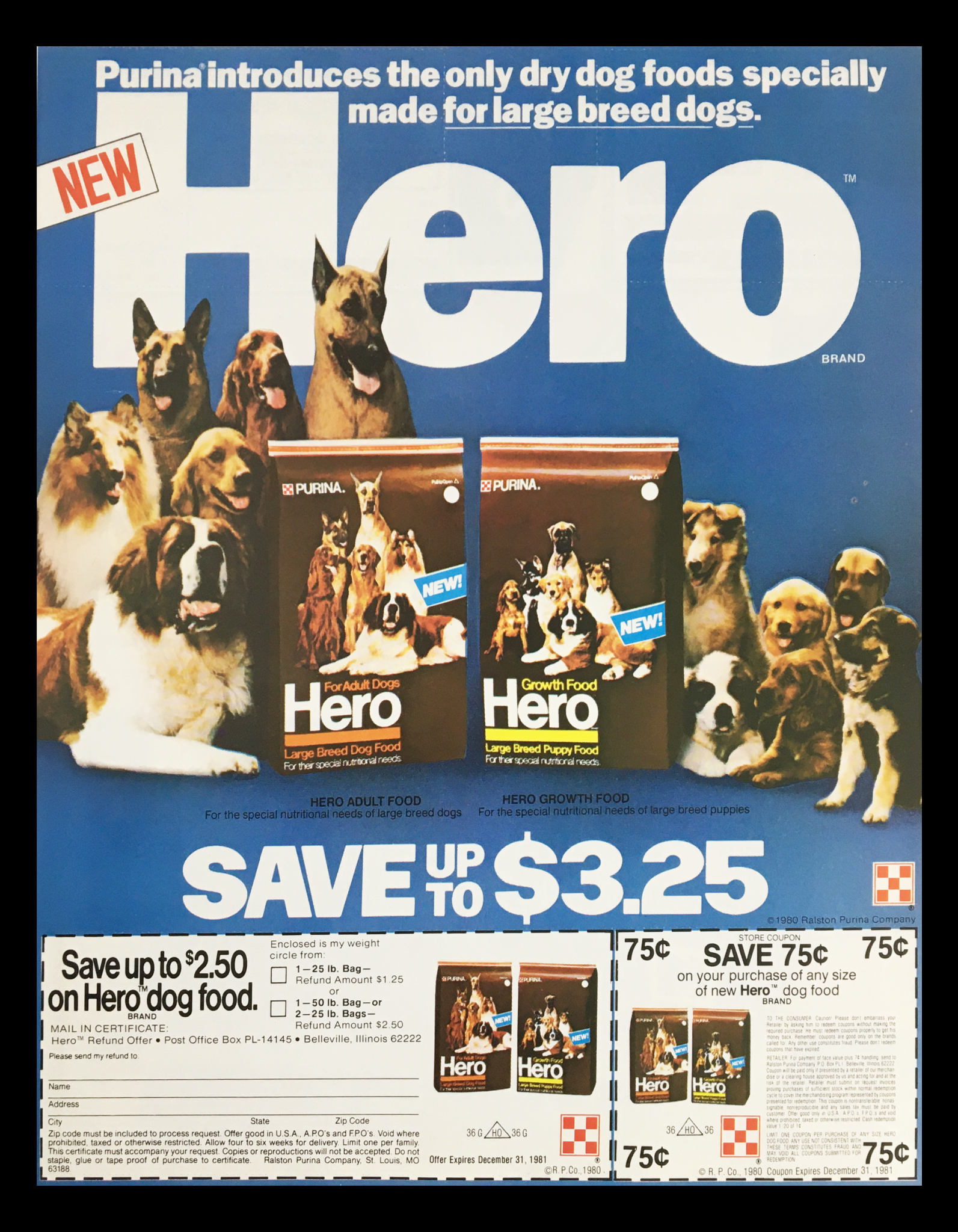 1981 Purina Hero Adult & Puppy Growth Food Circular Coupon Advertisement