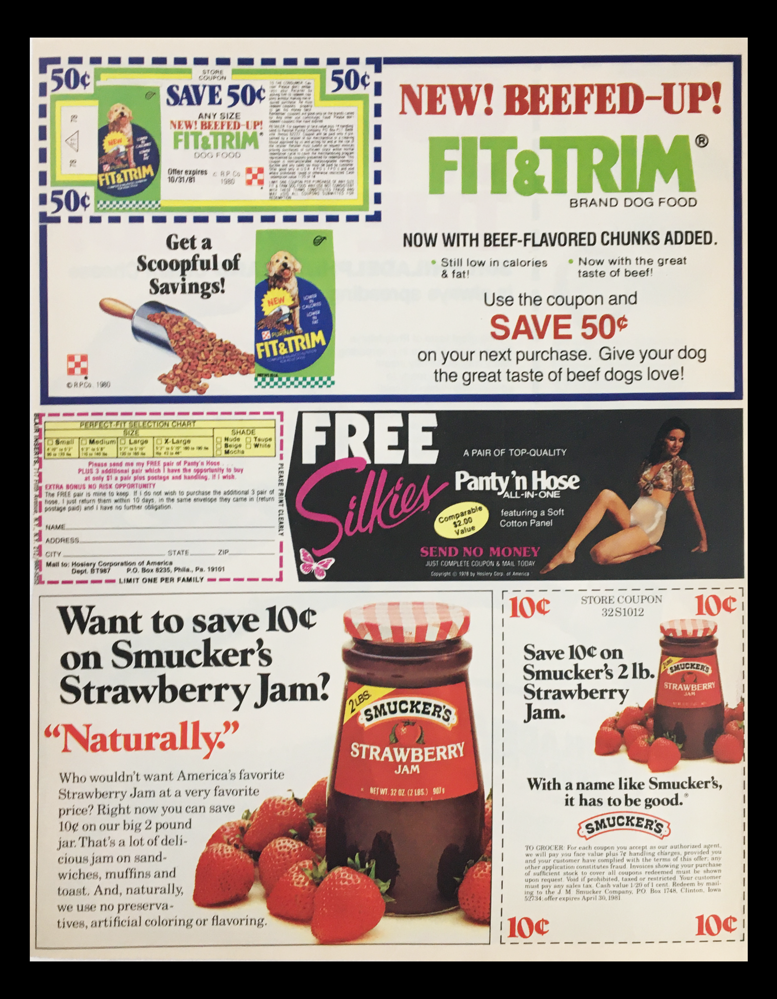 1980 Kraft Soft Philadelphia Brand Cream Cheese Circular Coupon Advertisement featuring offers for various products including a dog food promotion and Smucker's Strawberry Jam, highlighting the expired coupon and original advertisement details.