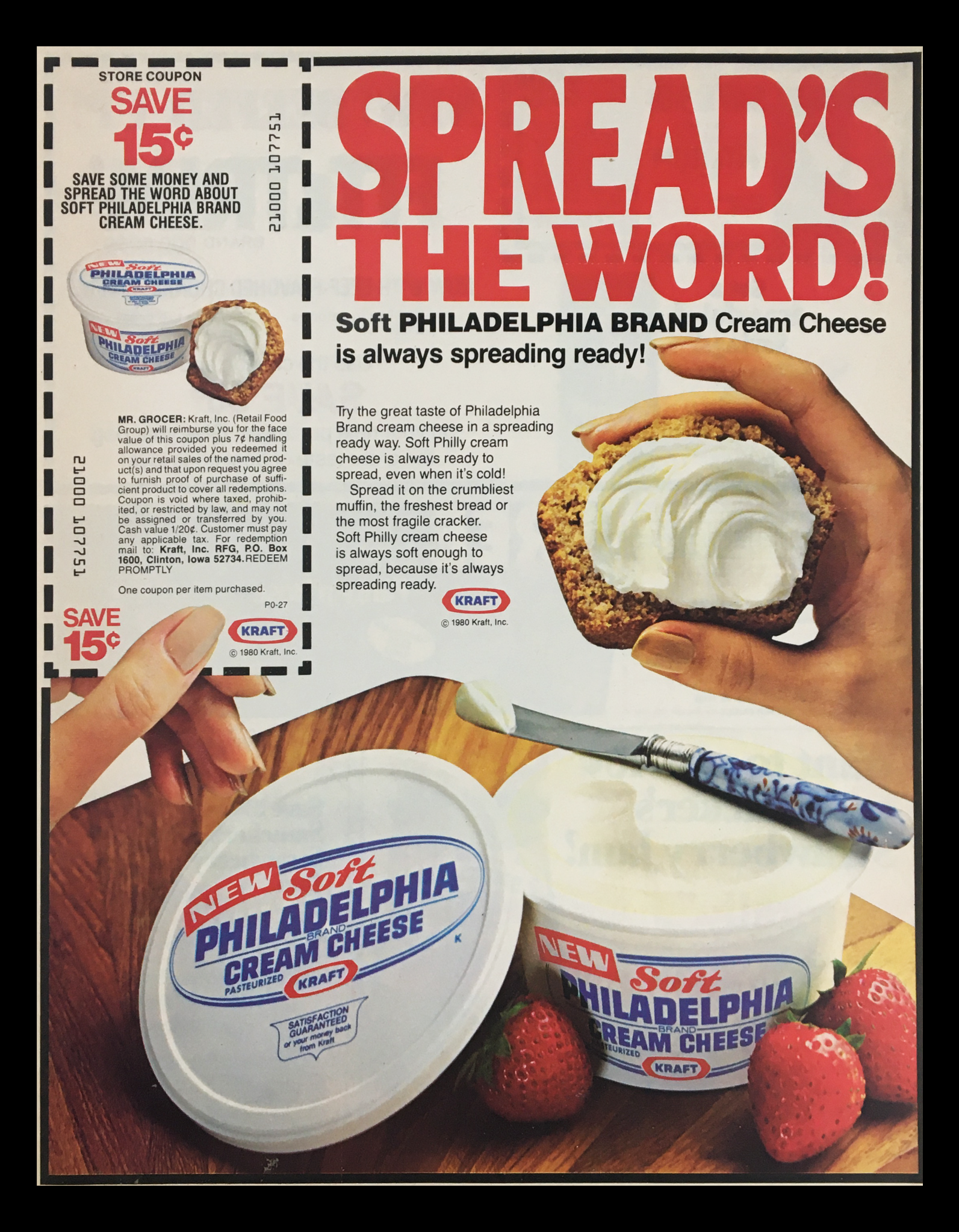 1980 Kraft Soft Philadelphia Brand Cream Cheese Circular Coupon Advertisement showcasing the product, featuring a container of soft cream cheese, a knife spreading the cream cheese on a cracker, and promotional text encouraging savings.