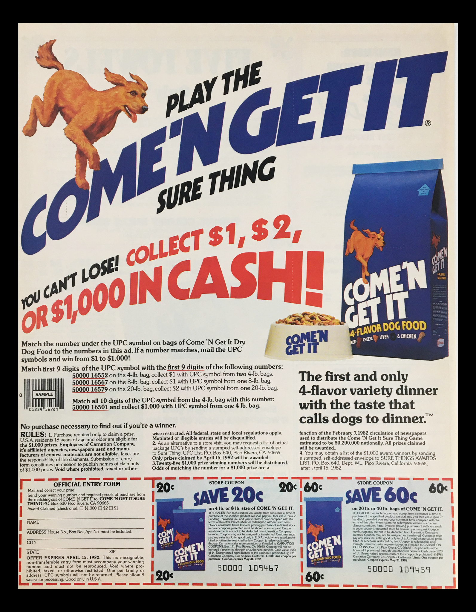 1982 Come 'N Get It 4-Flavor Dog Food Circular Coupon Advertisement