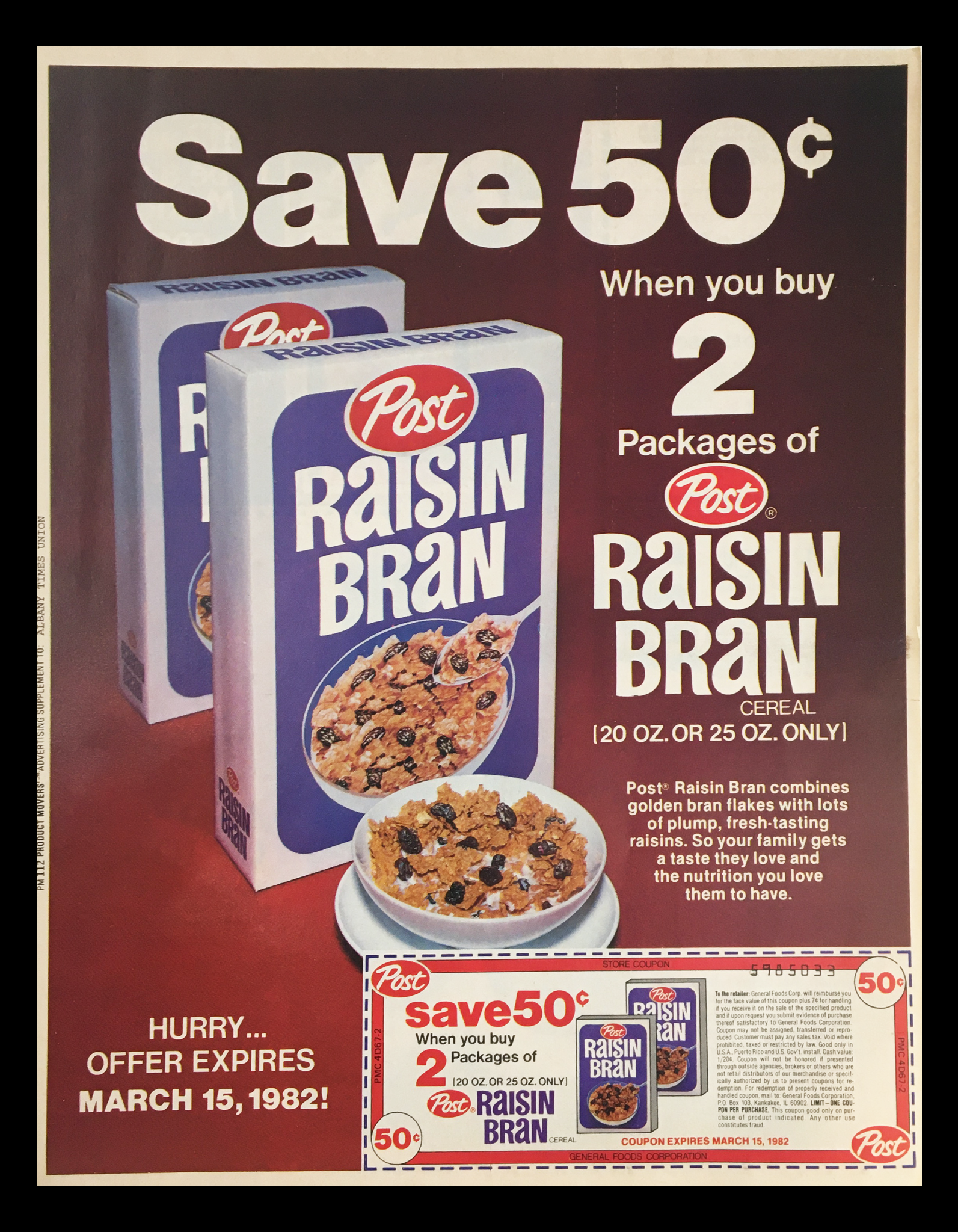 1982 Post Raisin Bran Cereal Circular Coupon Advertisement