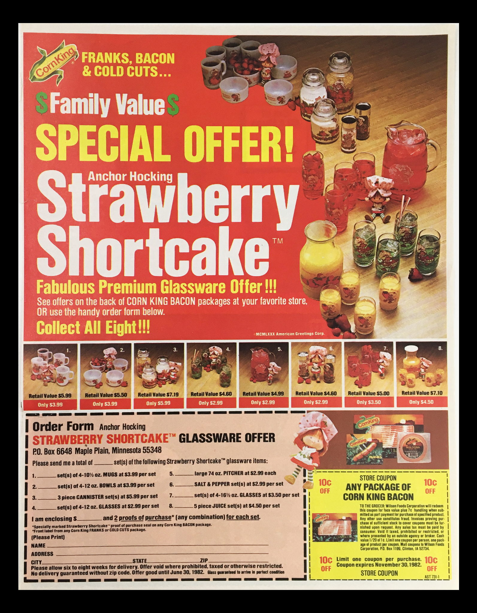 1982 Corn King Special Offer Strawberry Shortcake Circular Coupon Advertisement