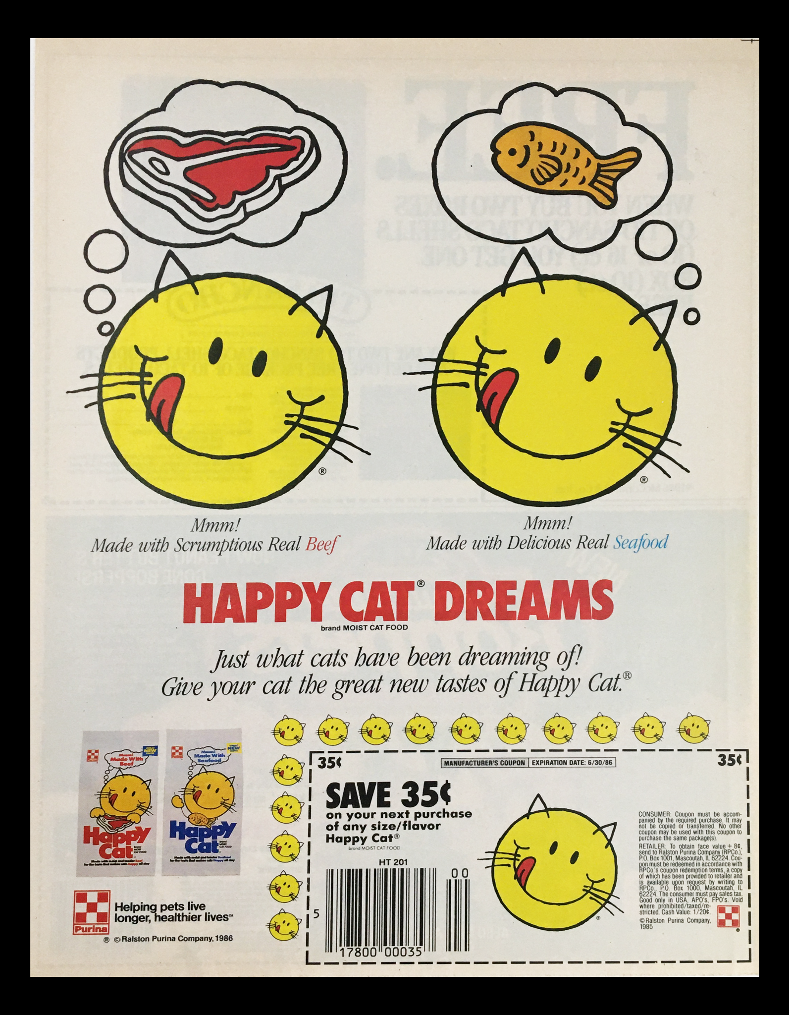 1985 Happy Cat Dreams Brand Moist Cat Food Circular Coupon Advertisement