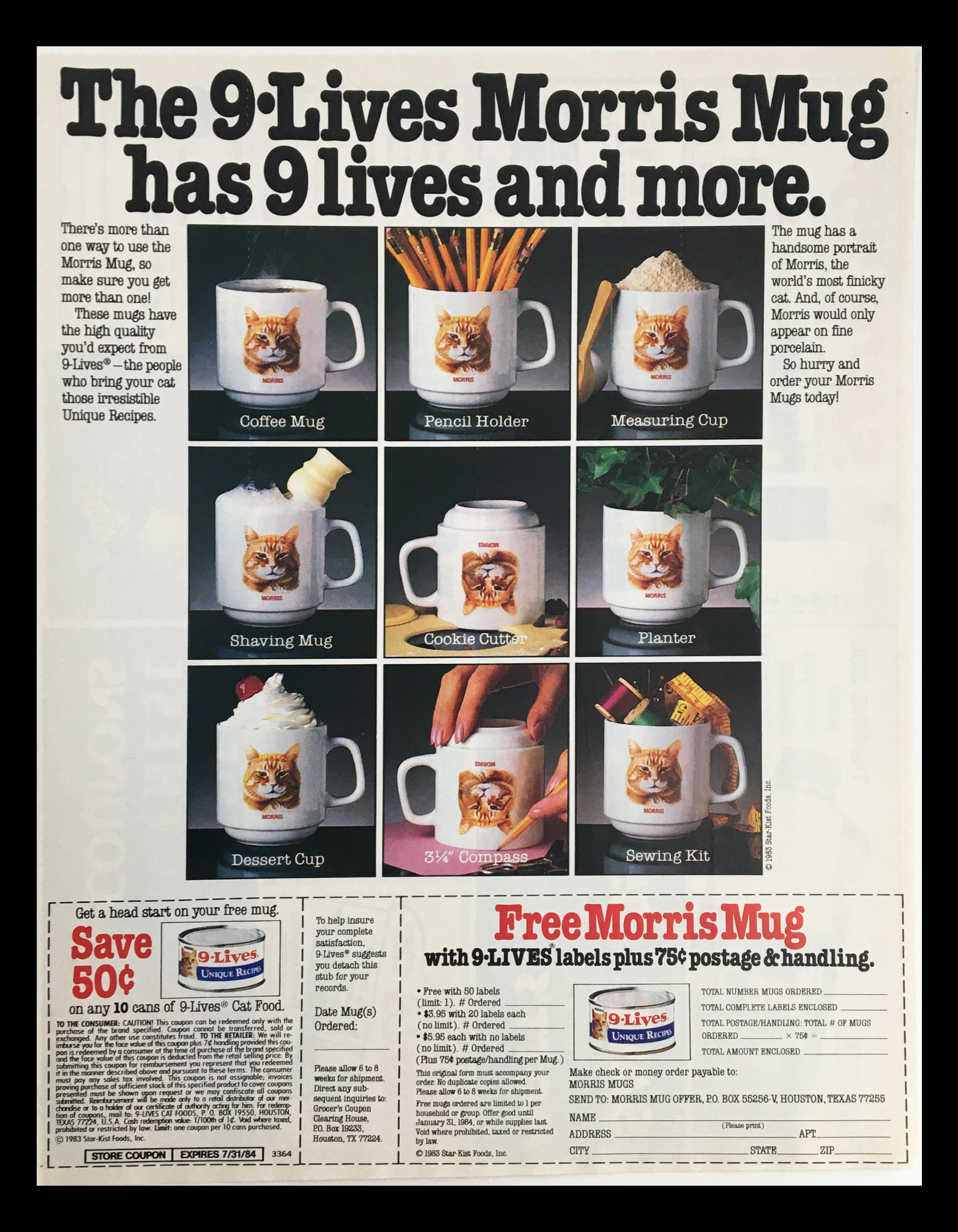 1983 9-Lives Unique Recipes Morris Mug Circular Coupon Advertisement