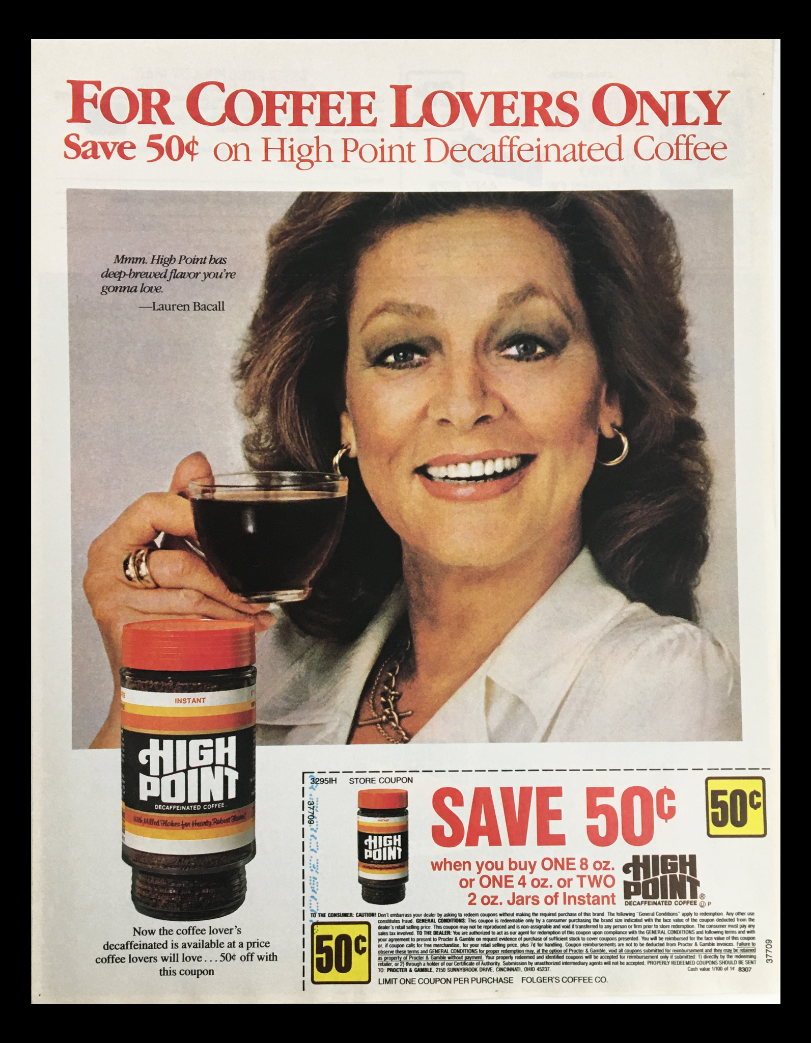 1983 High Point Decaffeinated Coffee Advertisement showcasing a woman smiling while holding a coffee mug, promoting a 50 cent discount on High Point coffee products.