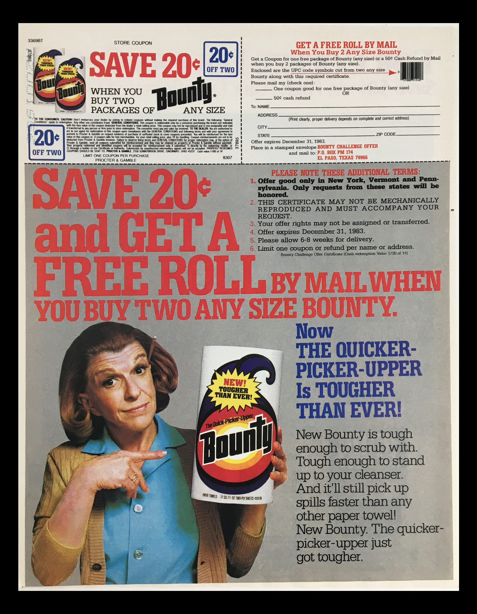 1983 Bounty The Quick-Picker-Upper Circular Coupon Advertisement featuring a woman holding a Bounty paper towel with a promotional offer to save money when purchasing two packages.