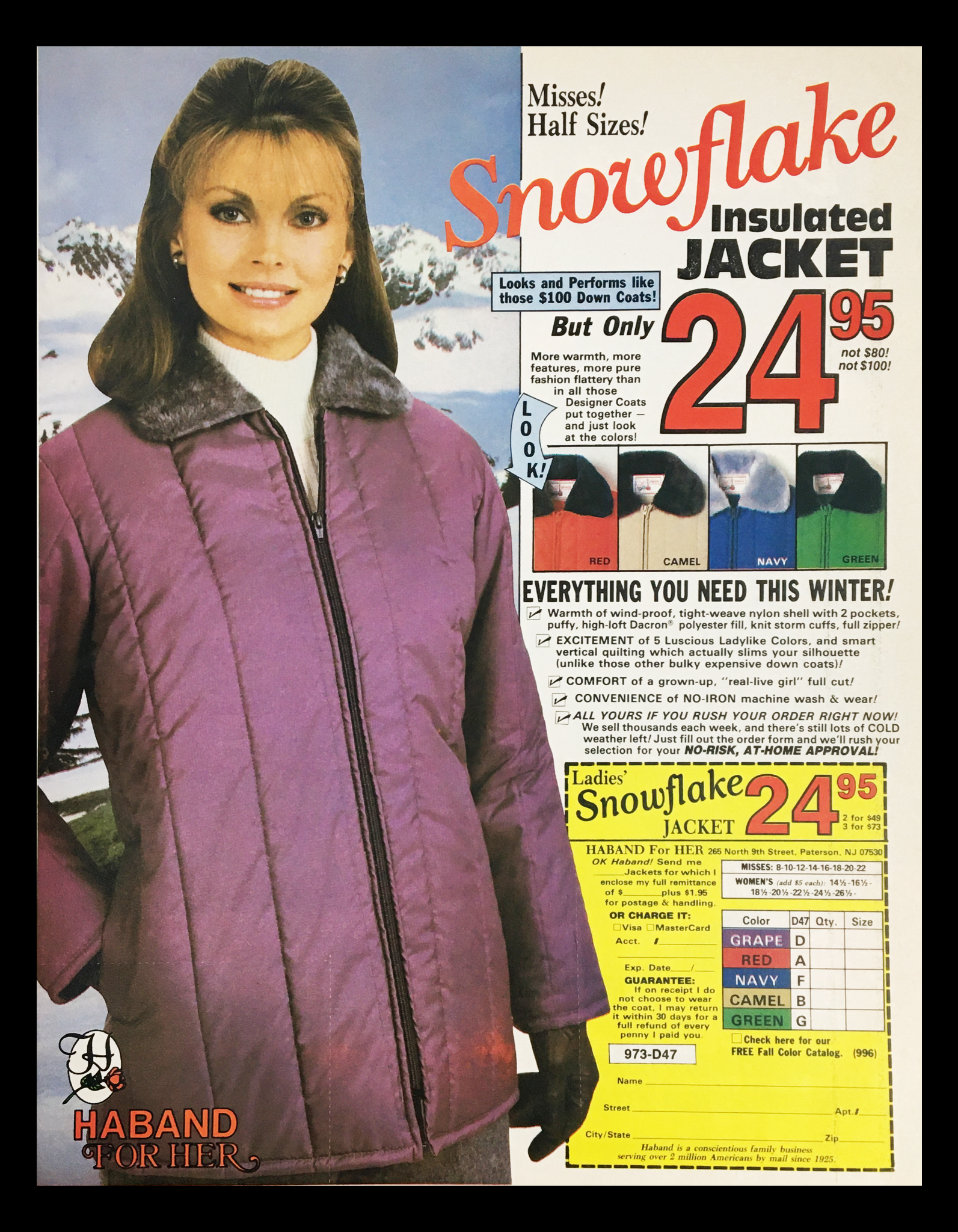 1983 General Mills Betty Crocker Chocolate Dip Circular Coupon Advertisement showcasing a stylish insulated jacket for women, with a winter sale price.