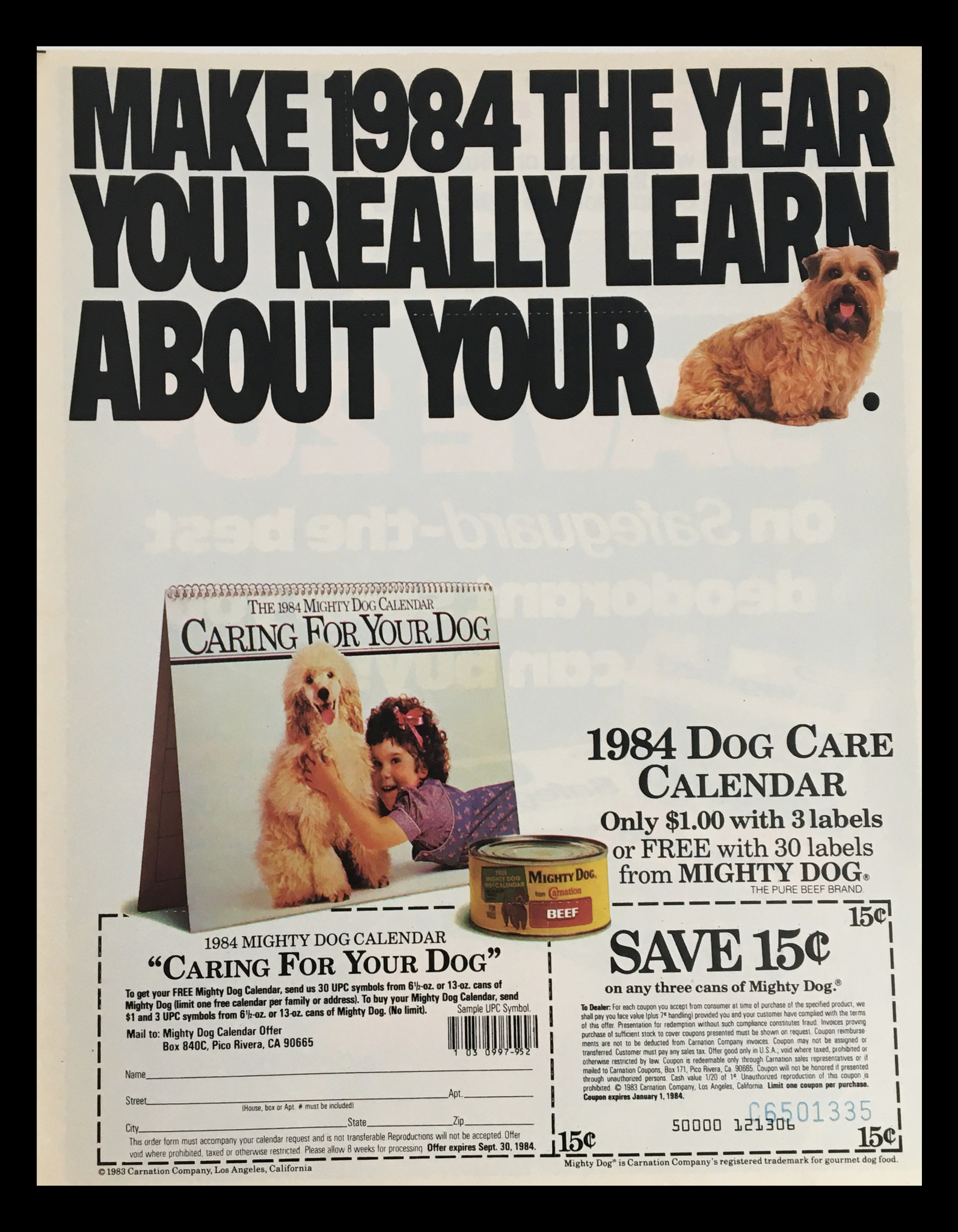 1984 Carnation Mighty Dog Calendar Circular Coupon Advertisement