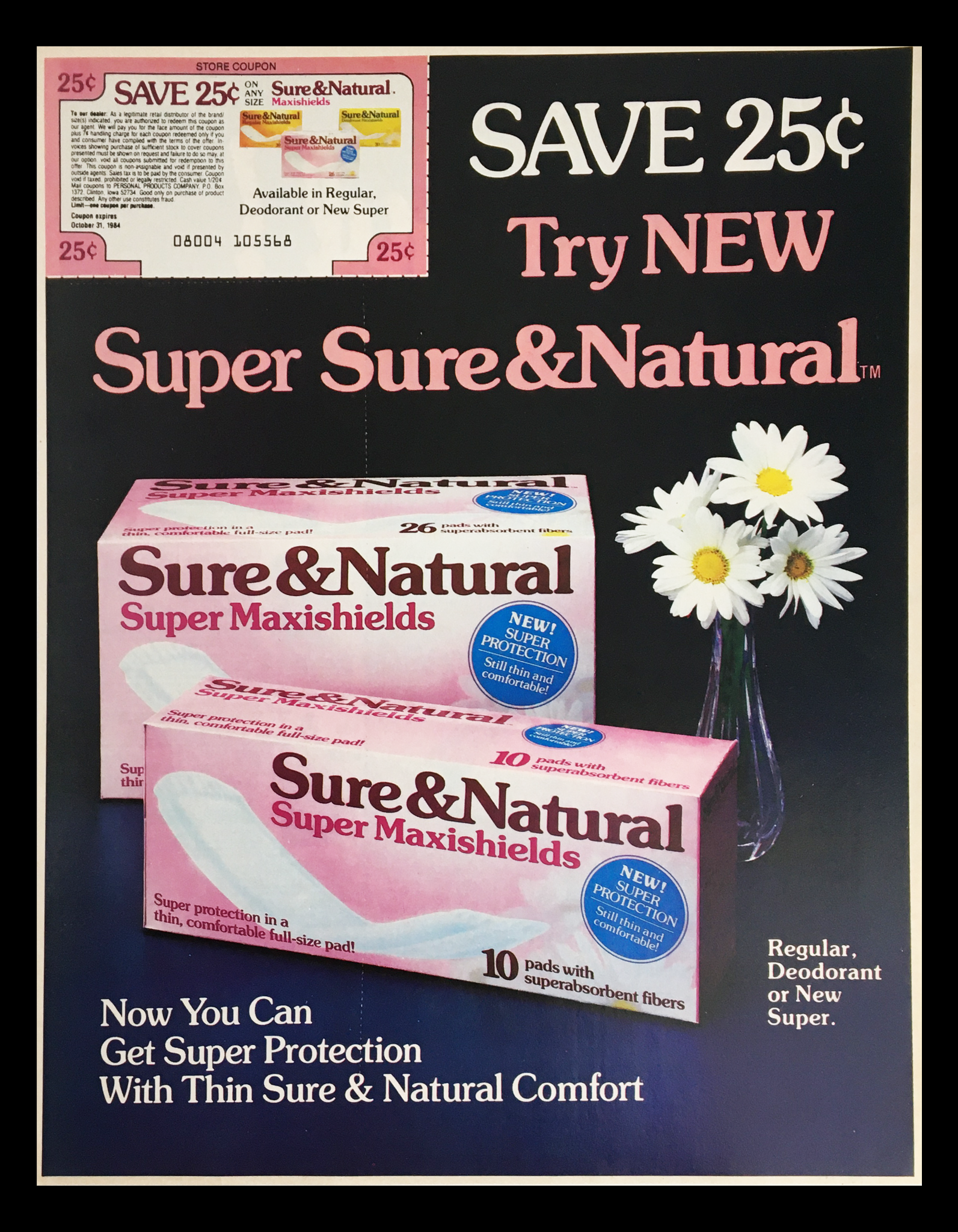 1984 Sure & Natural Super Maxishields Pads Circular Coupon Advertisement