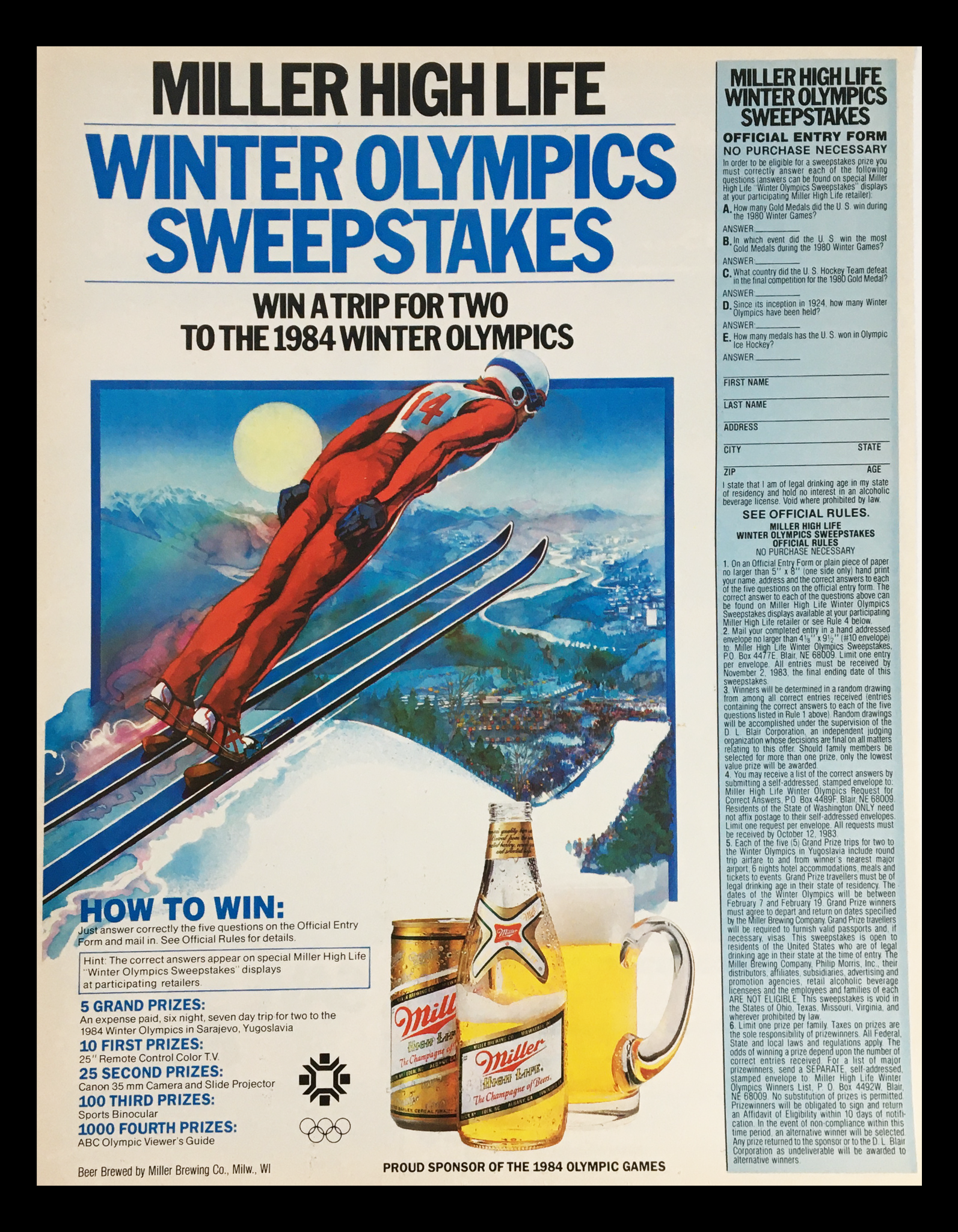 1984 Miller High Life Olympic Games Circular Coupon Advertisement