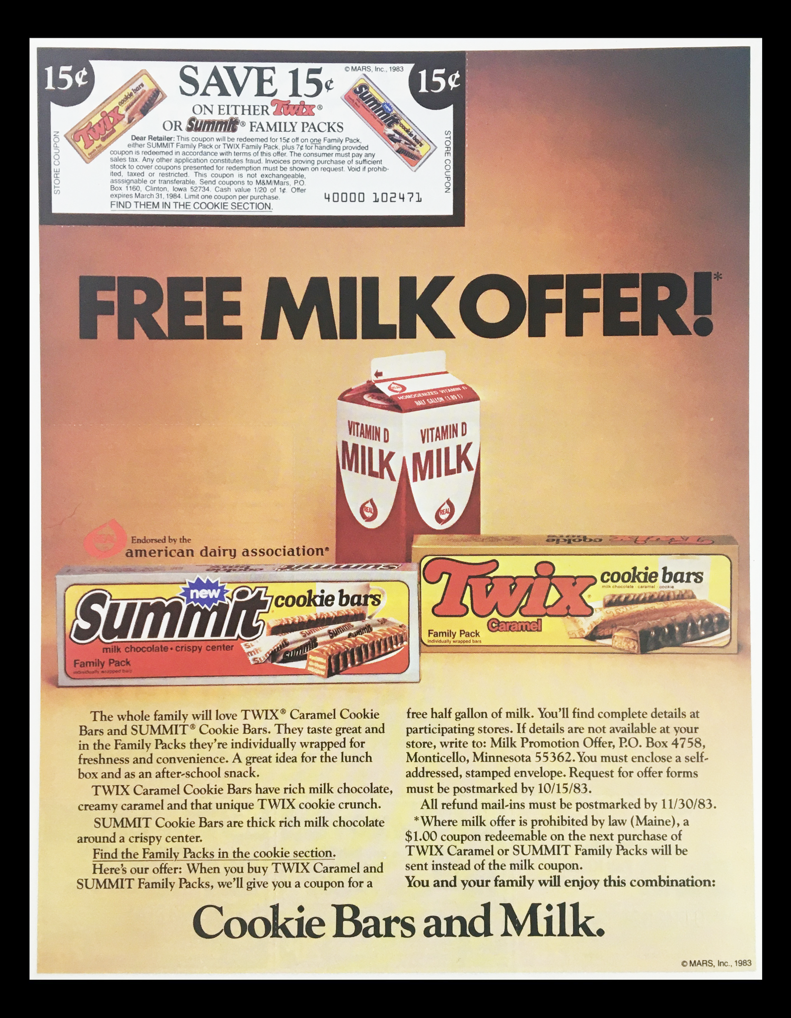 1983 Twix Caramel Cookie Bars & Summit Cookie Bars Circular Coupon Advertisement