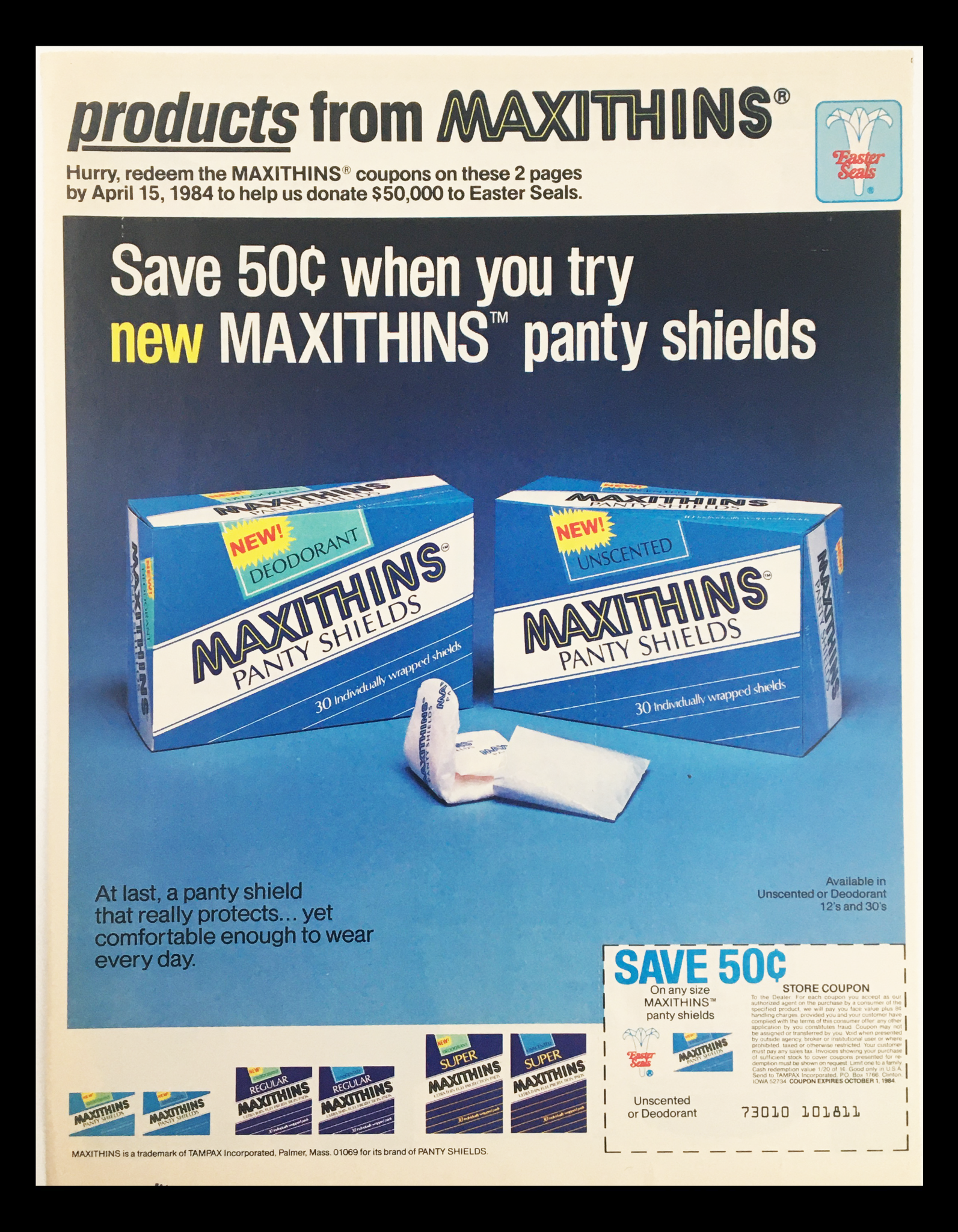 1984 Maxithins Unscented Panty Shields Circular Coupon Advertisement