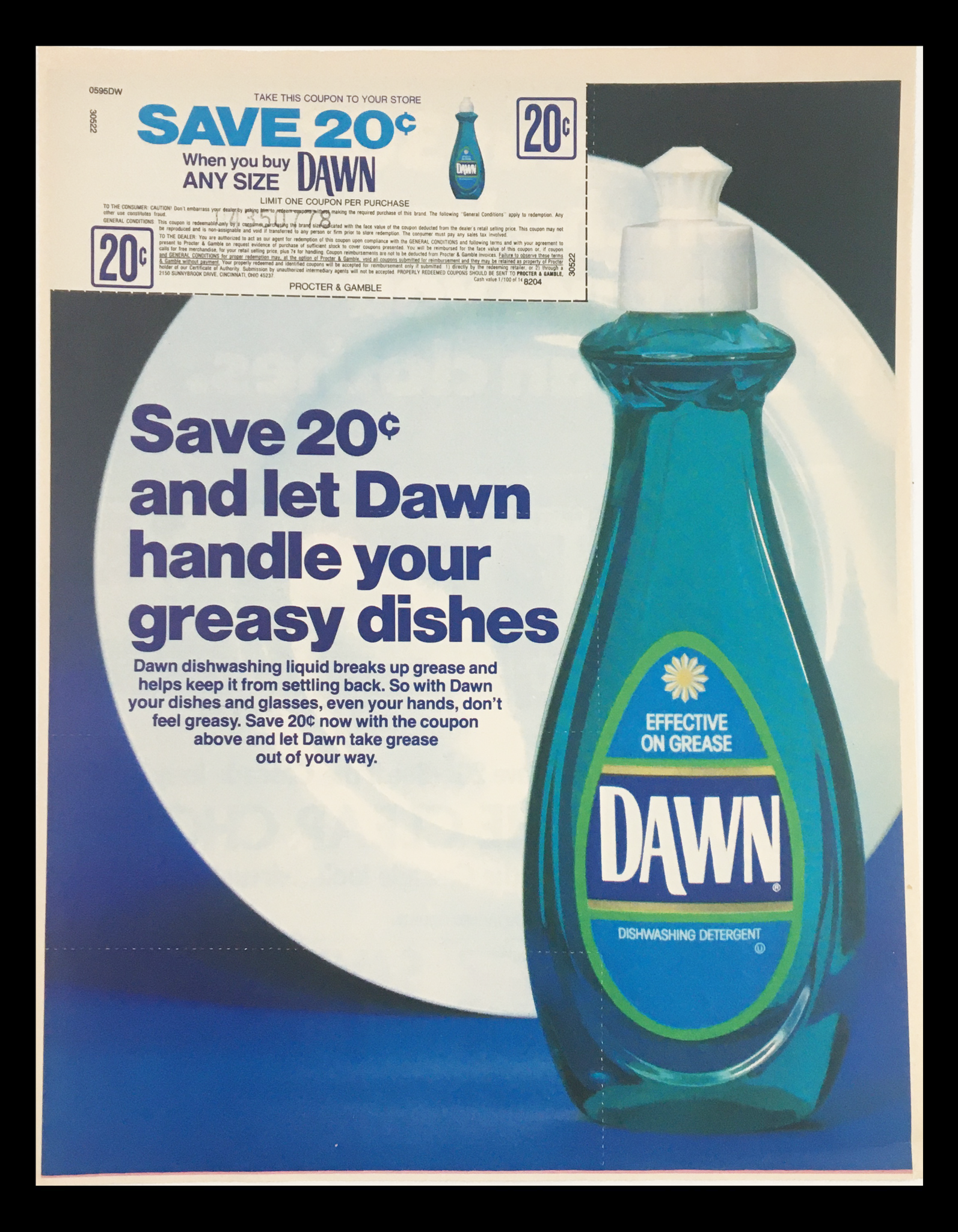 1984 Dawn Dishwashing Detergent Circular Coupon Advertisement featuring a blue bottle of Dawn detergent. The ad promotes saving 20¢ when purchasing any size Dawn, highlighting its effectiveness on grease with a tagline supporting its use for cleaning greasy dishes. The coupon details are displayed prominently.