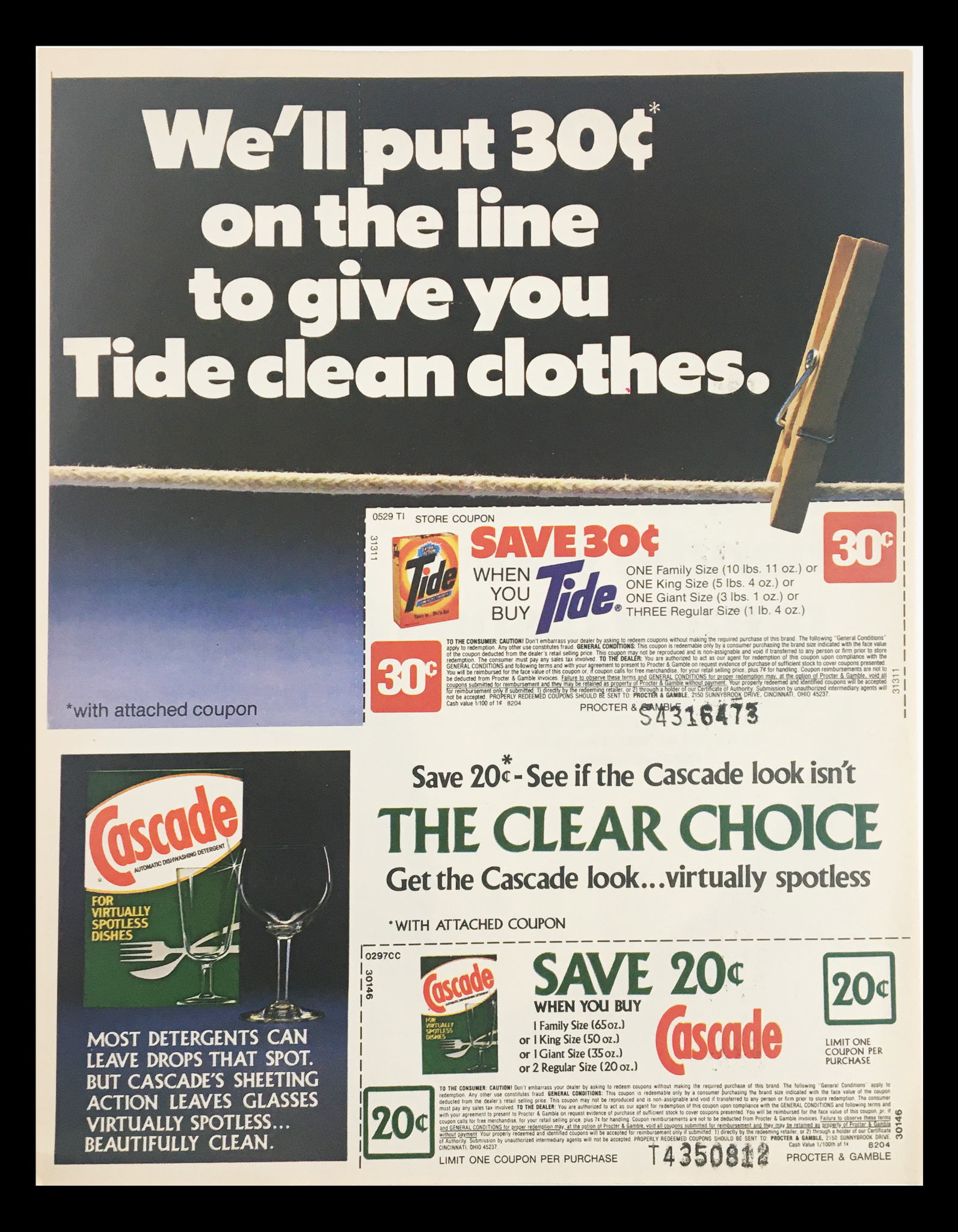 1984 Dawn Dishwashing Detergent Circular Coupon Advertisement featuring promotional offers for Tide and Cascade brand products, showcasing a coupon for savings on laundry and dishwashing items. The advertisement highlights the Tide brand with a 30 cent savings offer and Cascade with a 20 cent savings offer, presented in a classic style.