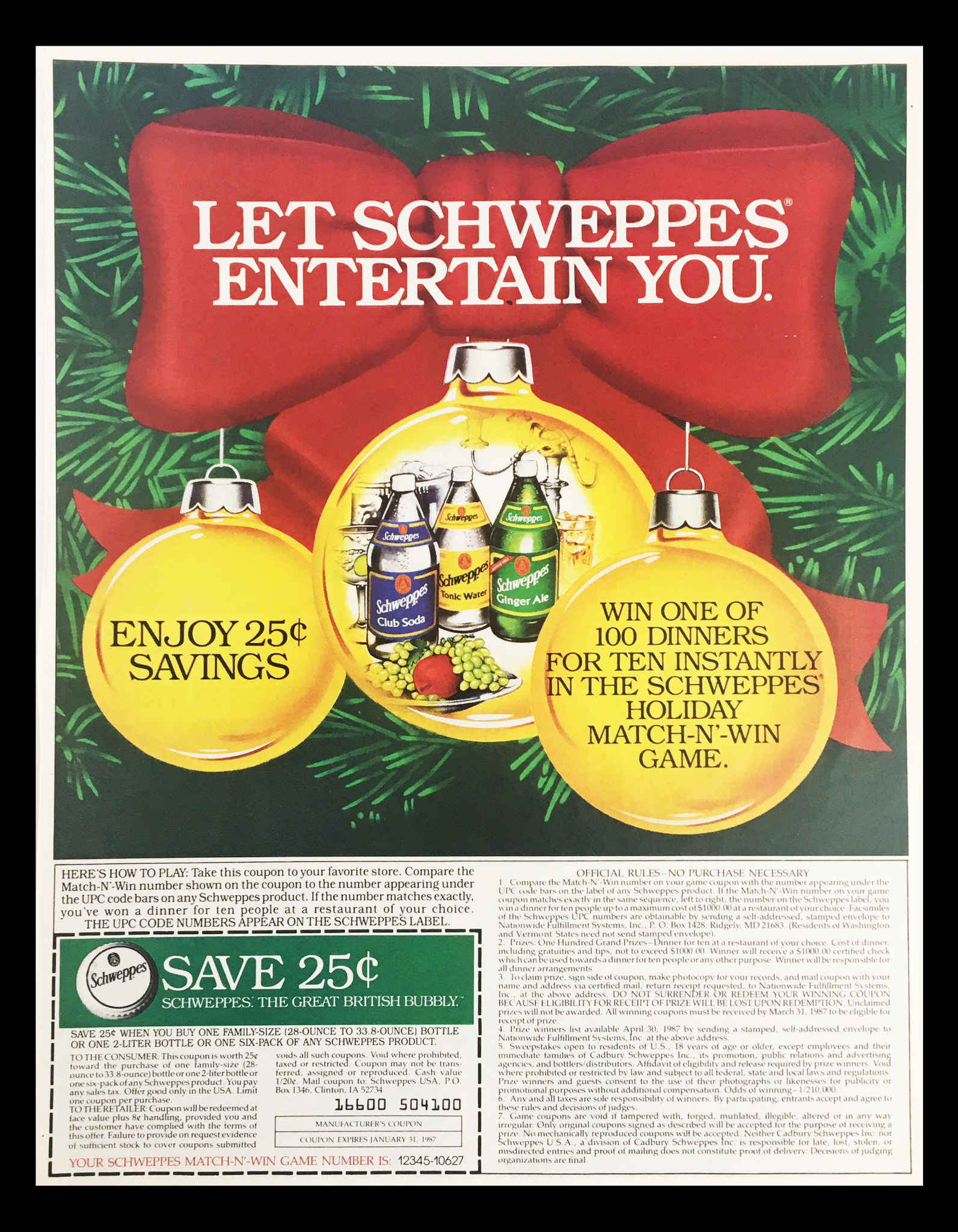 1987 Schweppe's Club Soda Tonic Water Circular Coupon Advertisement