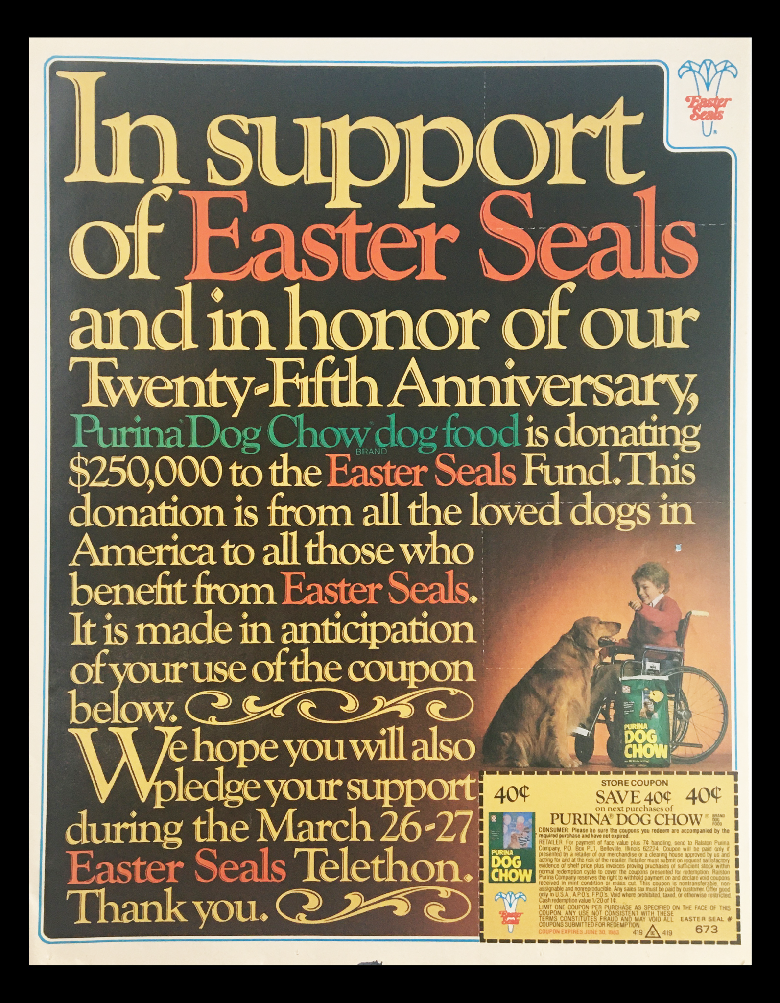 1983 Easter Seals Purina Dog Chow Dog Food Circular Coupon Advertisement