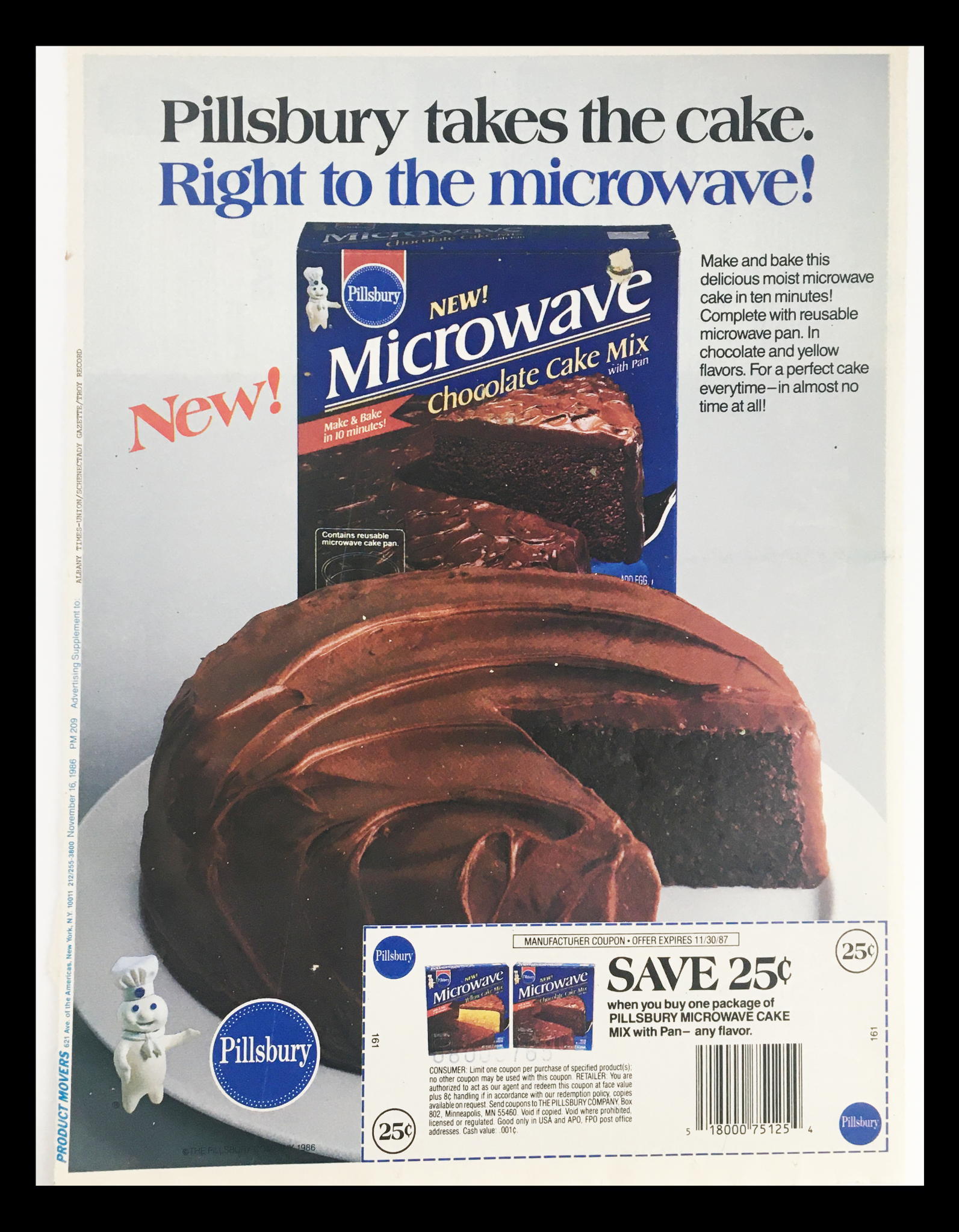 1987 Pillsbury Microwave Chocolate Cake Mix Circular Coupon Advertisement