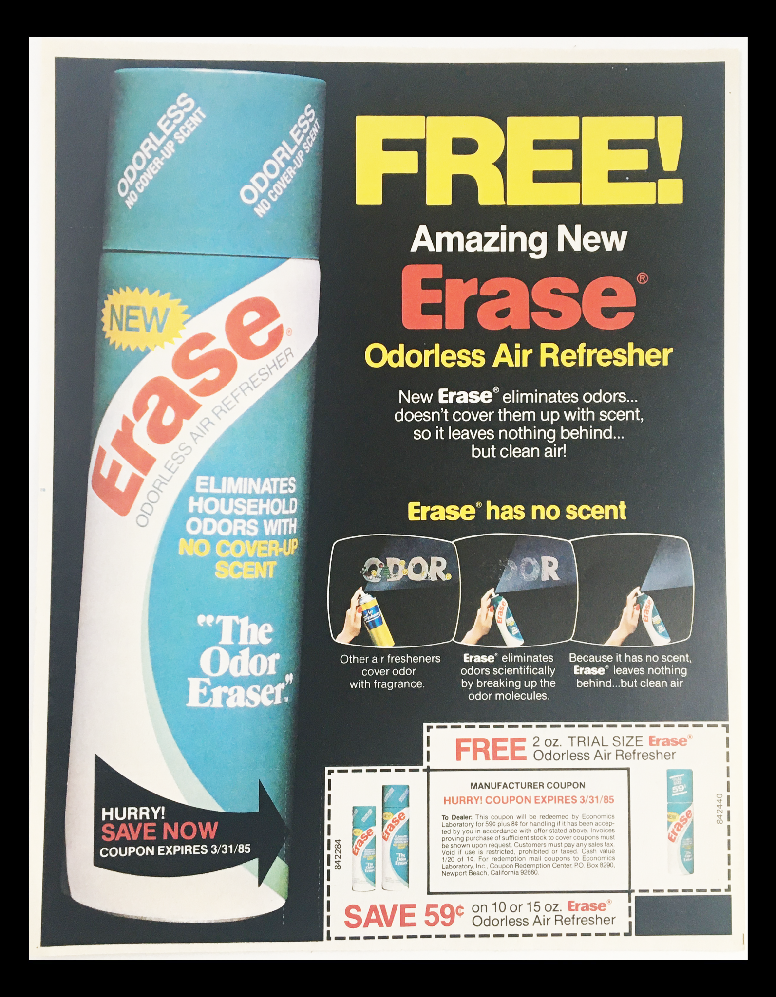 1985 Erase Odorless Air Refresher Circular Coupon Advertisement